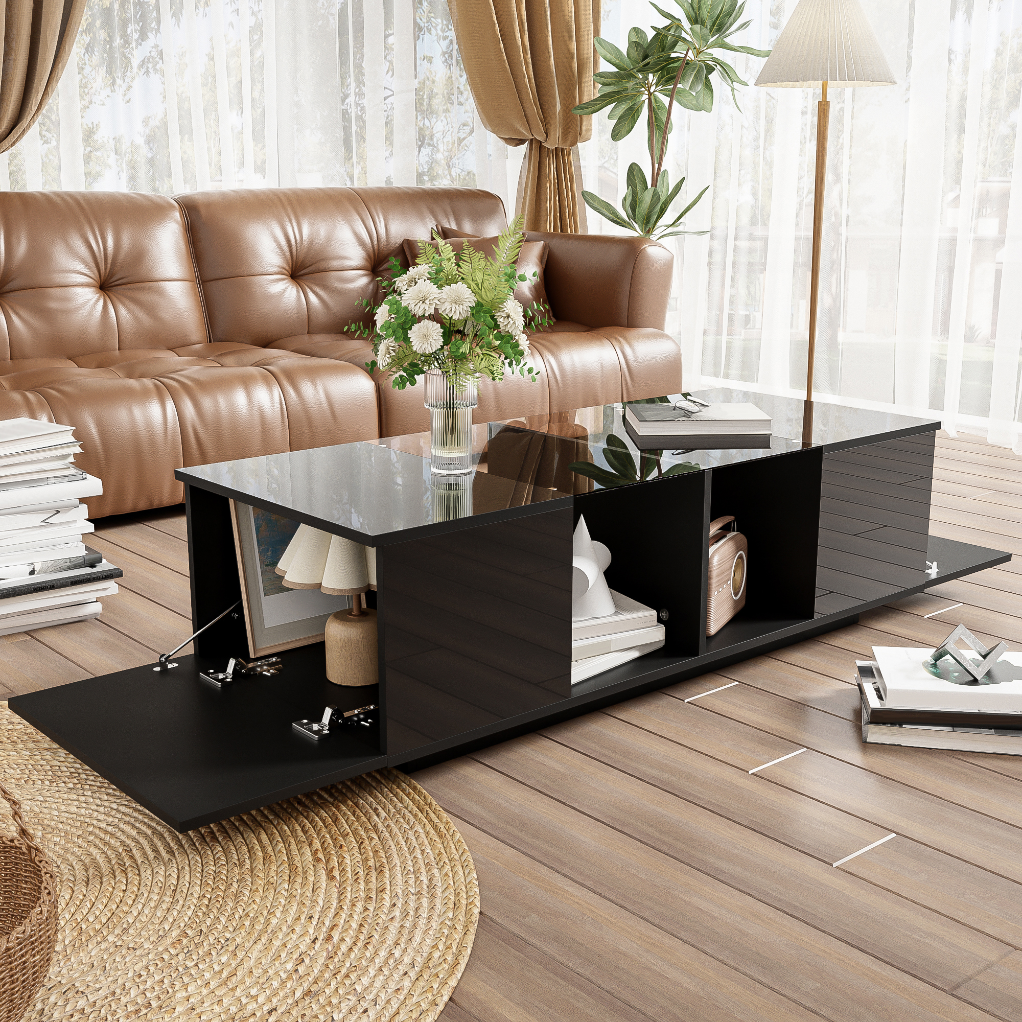 Table basse, éclairage led, 120 x 50 x 38,5 cm, panneaux de particules et verre, noir - vue 5