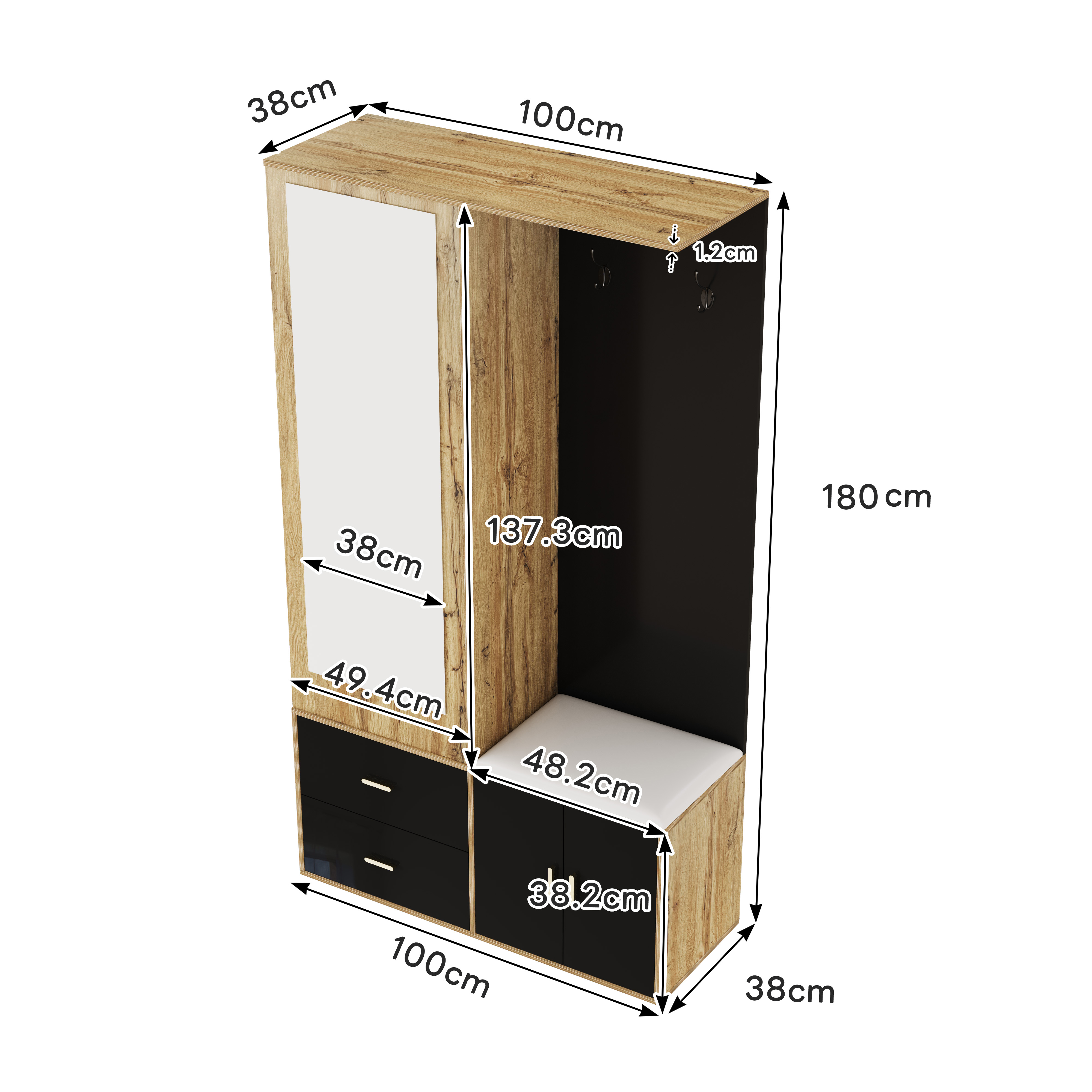 Meuble à chaussures, extensible, 100 x 38 x 180 cm, panneaux de particules et bois, noir - vue 1