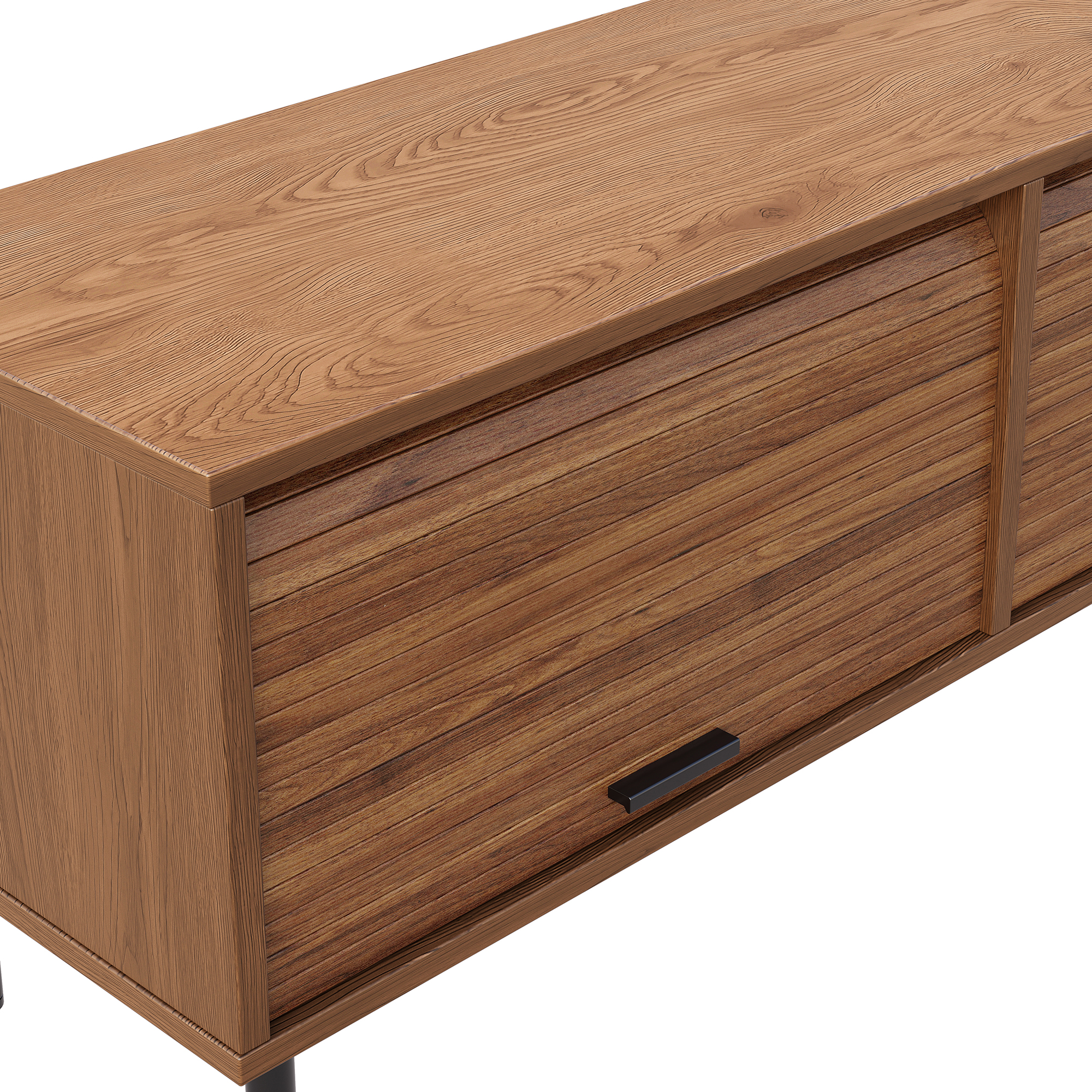 Meuble TV 180 cm, meuble bas de salon avec 3 portes, façades rainurées, panneaux de particules, MDF et métal, Effet noyer