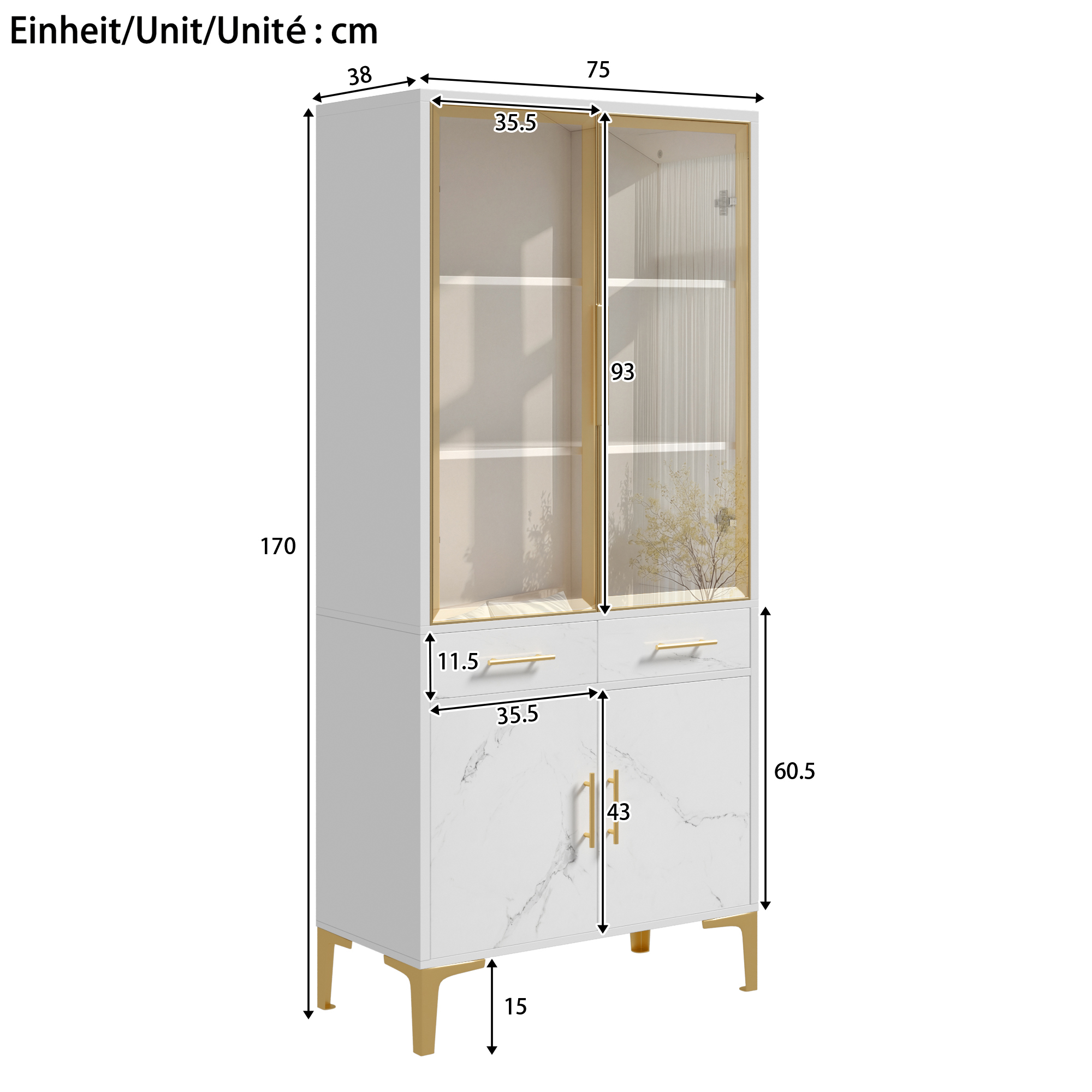 Vitrine 75 x 38 x 170 cm, LED, portes vitrées, MDF et panneaux de particules, Blanc - détails