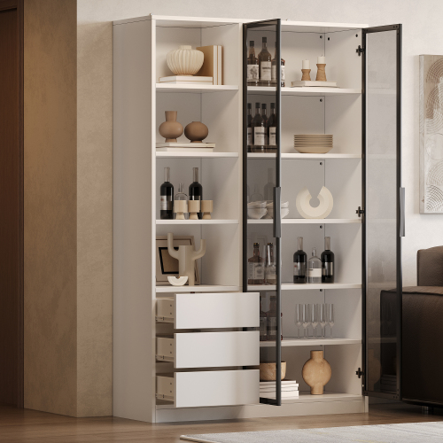 Vitrine avec quatre étagères ouvertes et deux portes en verre trempé