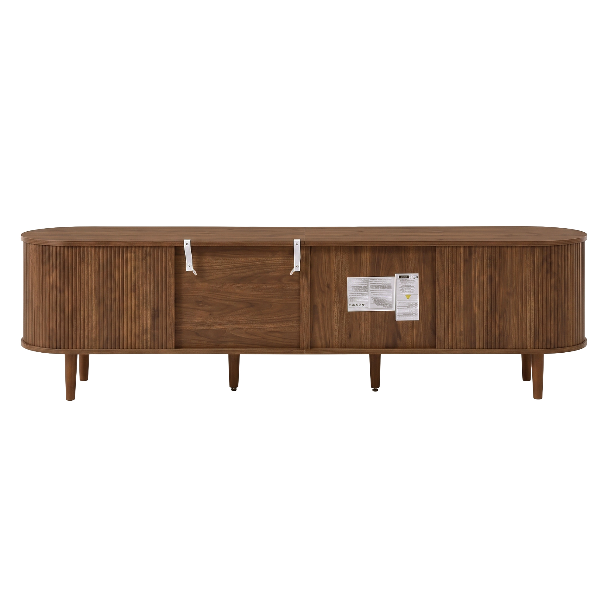 Meuble TV 180 cm, meuble bas de salon avec 2 portes coulissantes, 4 tiroirs, façade ondulée 3D, panneaux de particules et MDF, Effet noyer