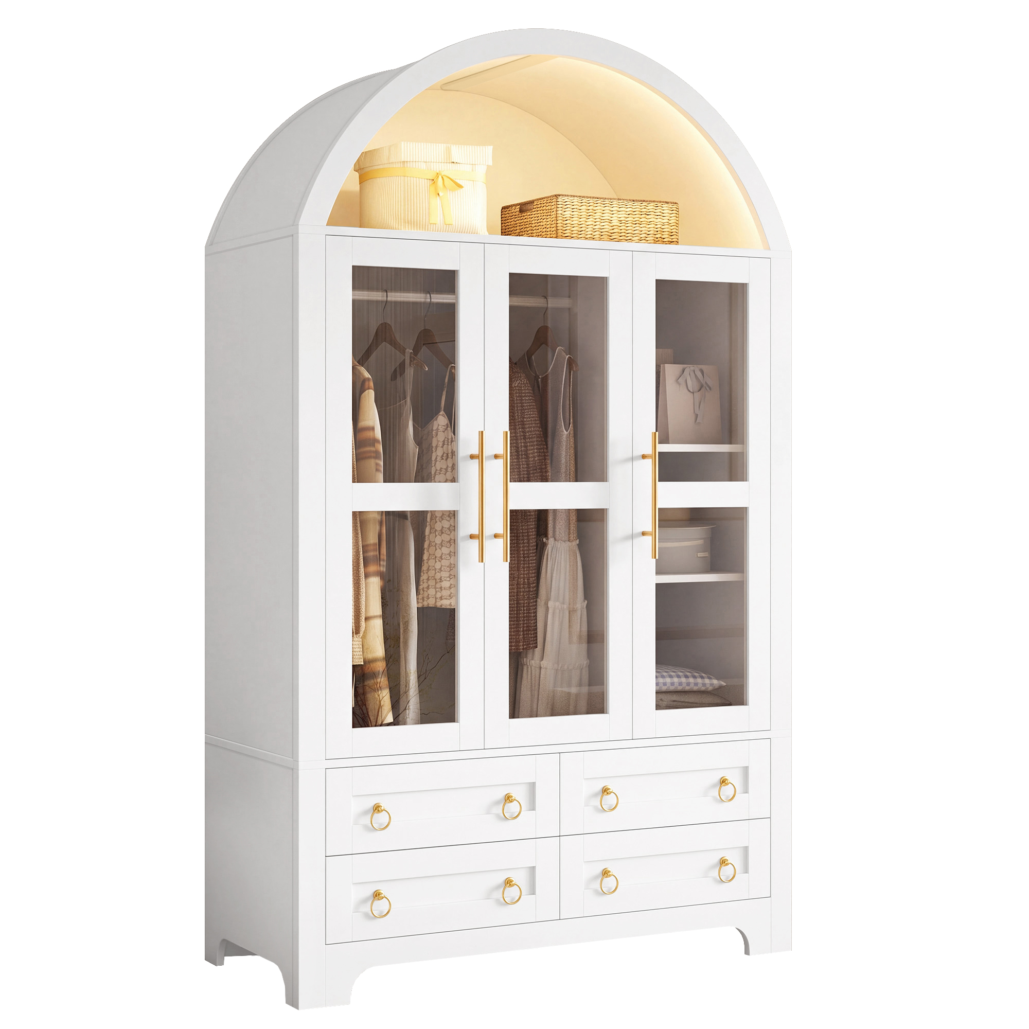 Sommet cintré éclairé de l’armoire blanche