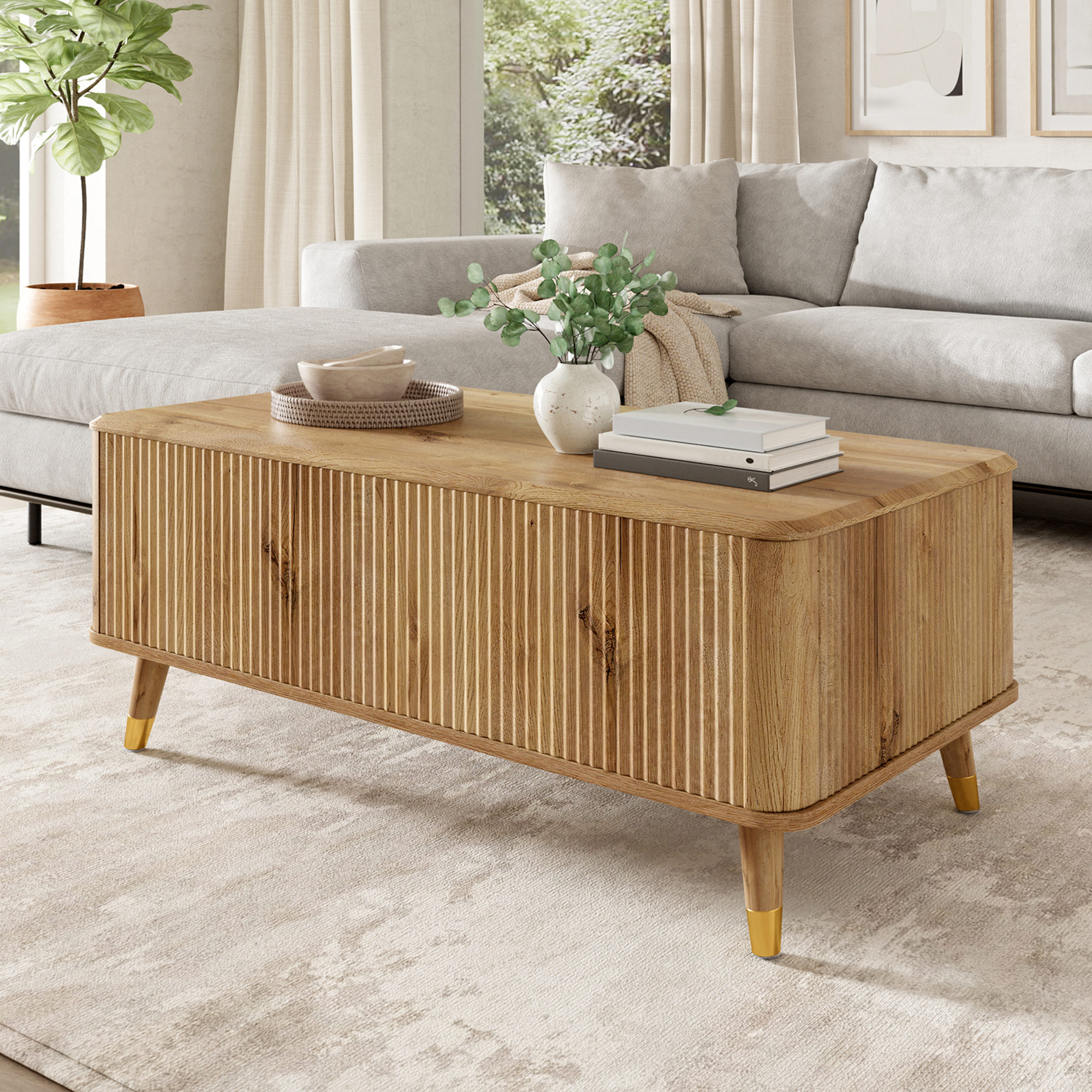 Table basse ronde, table de salon 97 x 52 x 56,5 cm avec plateau relevable, façade ondulée 3D, MDF, Effet bois naturel