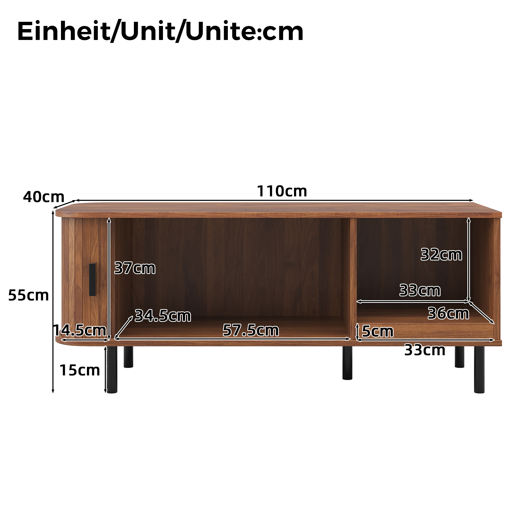 Détails de la porte coulissante et du compartiment de rangement de la table basse effet noyer
