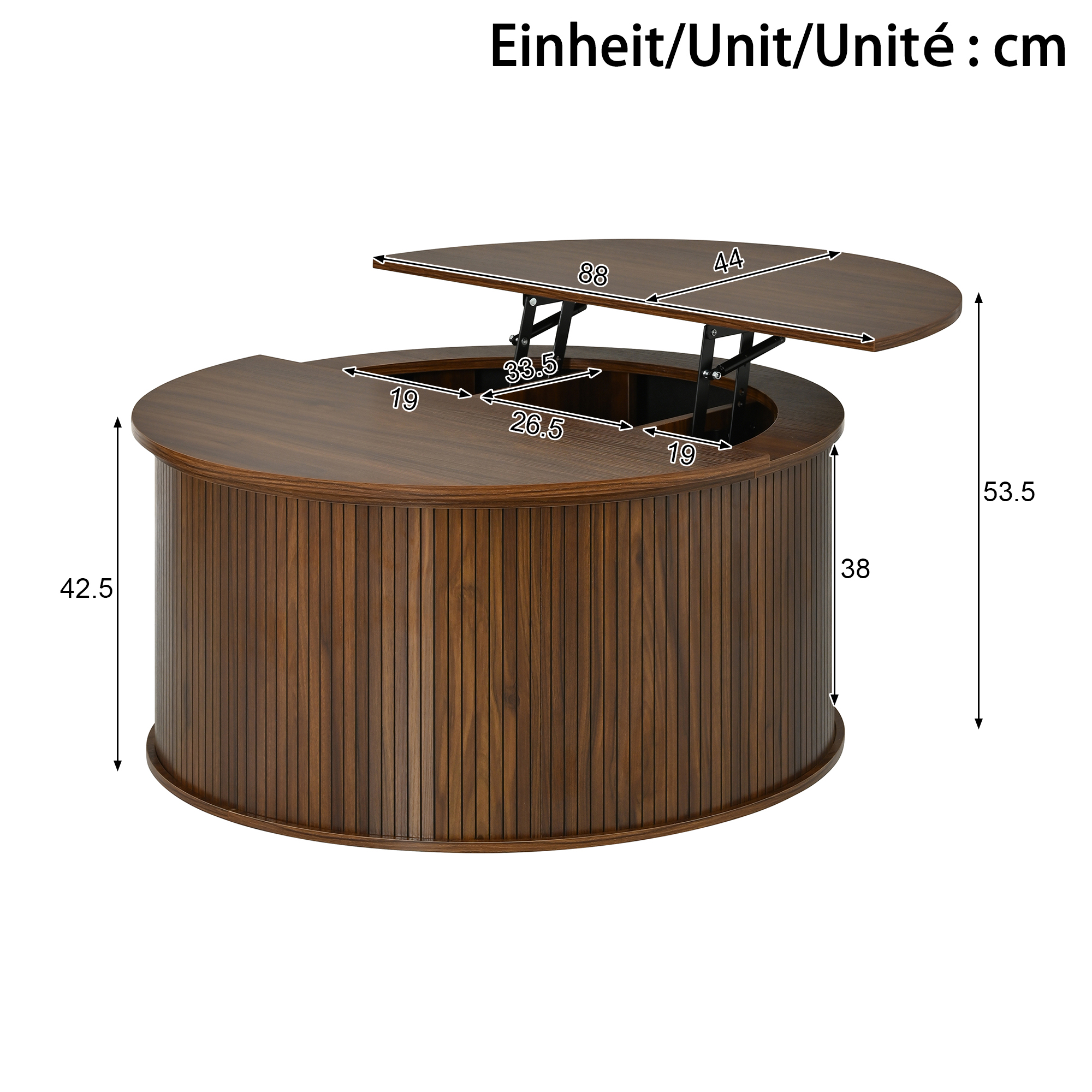 Détails du plateau relevable et de l'espace de rangement de la table basse ronde