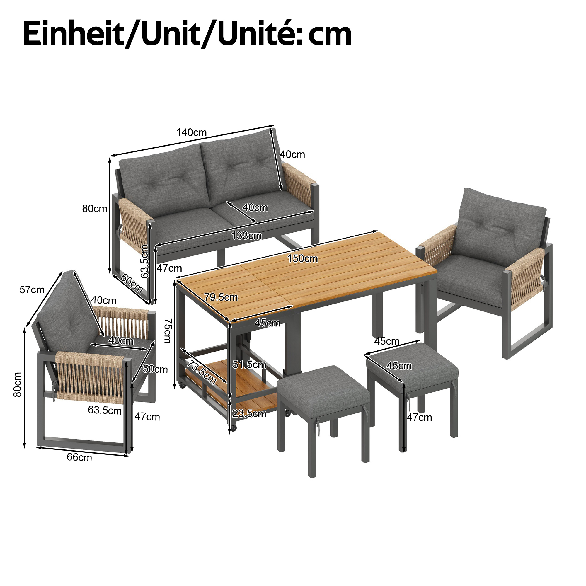 Configuration modulable, canapé 2‑places, 2 fauteuils, 2 poufs, table amovible
