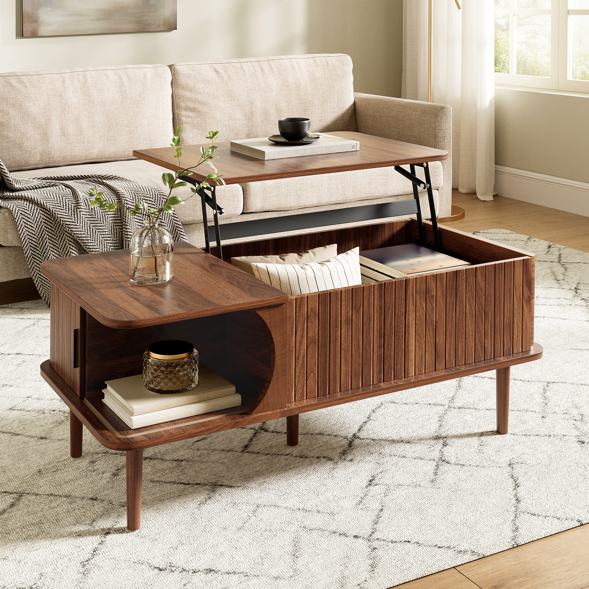 Table basse ronde, table de salon 100 x 48 x 55,5 cm avec plateau relevable, façades rainurées, MDF, Effet noyer