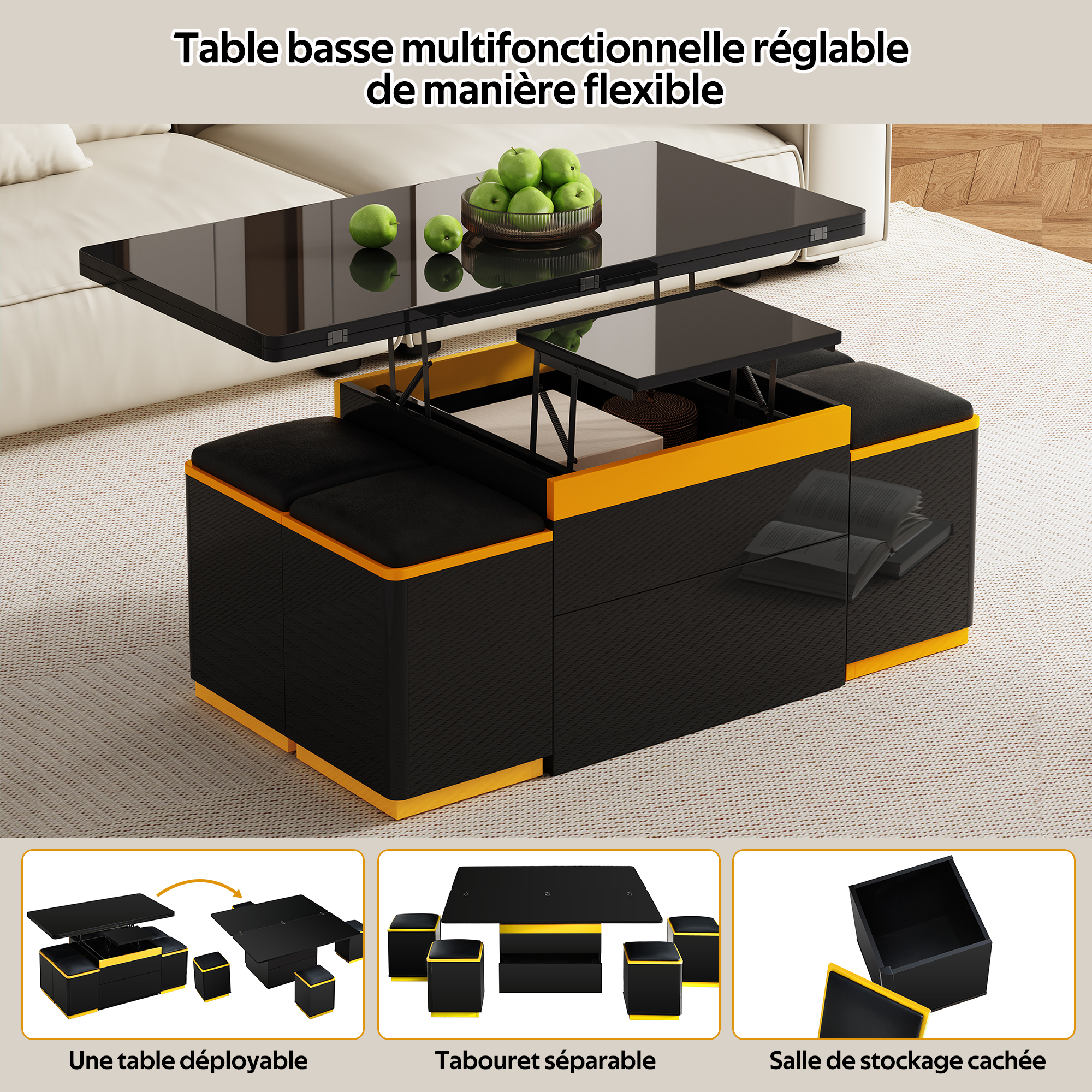 Rangements intégrés de la table basse et des tabourets