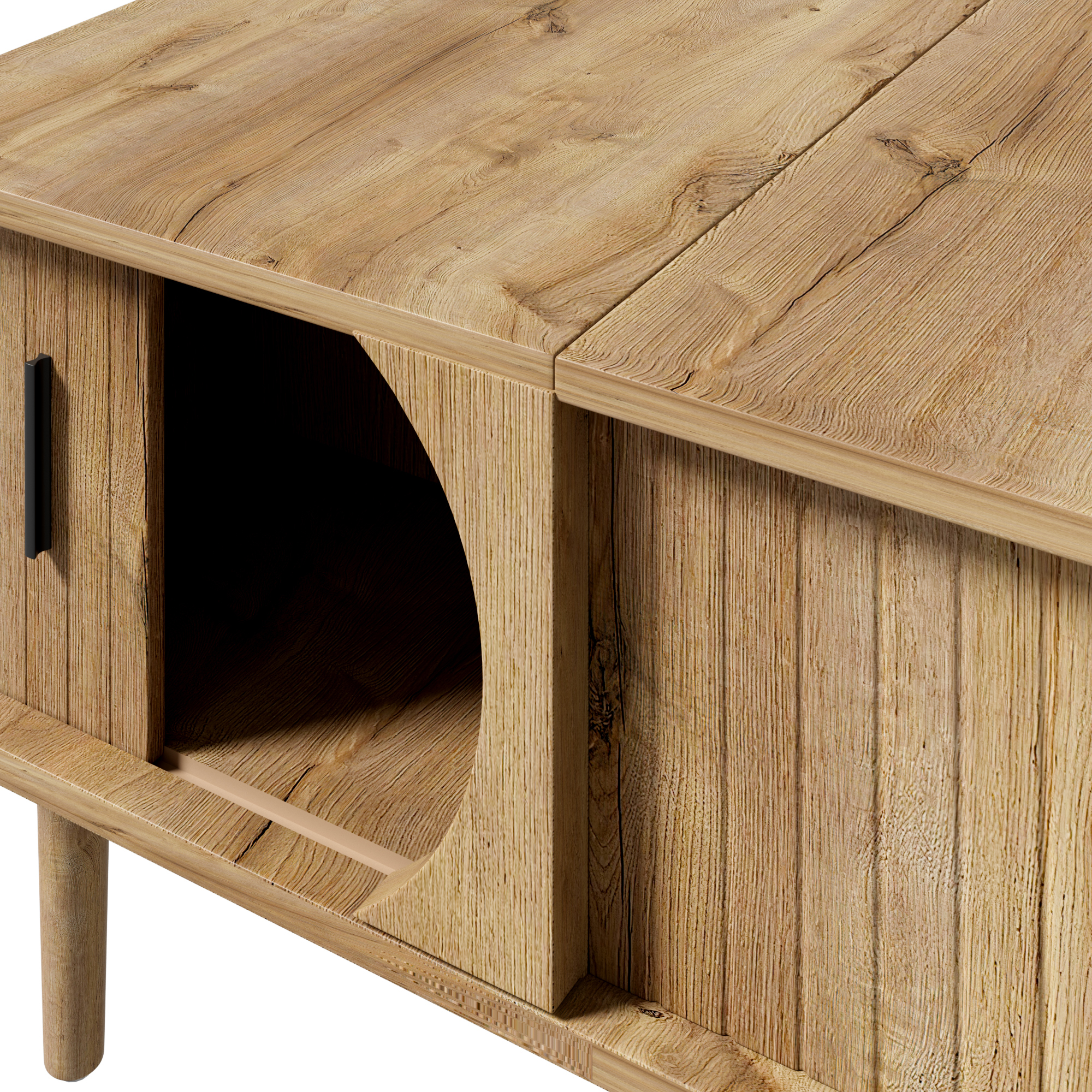Table basse ronde, table de salon 100 x 48 x 55,5 cm avec plateau relevable, façades rainurées, MDF, Effet bois naturel