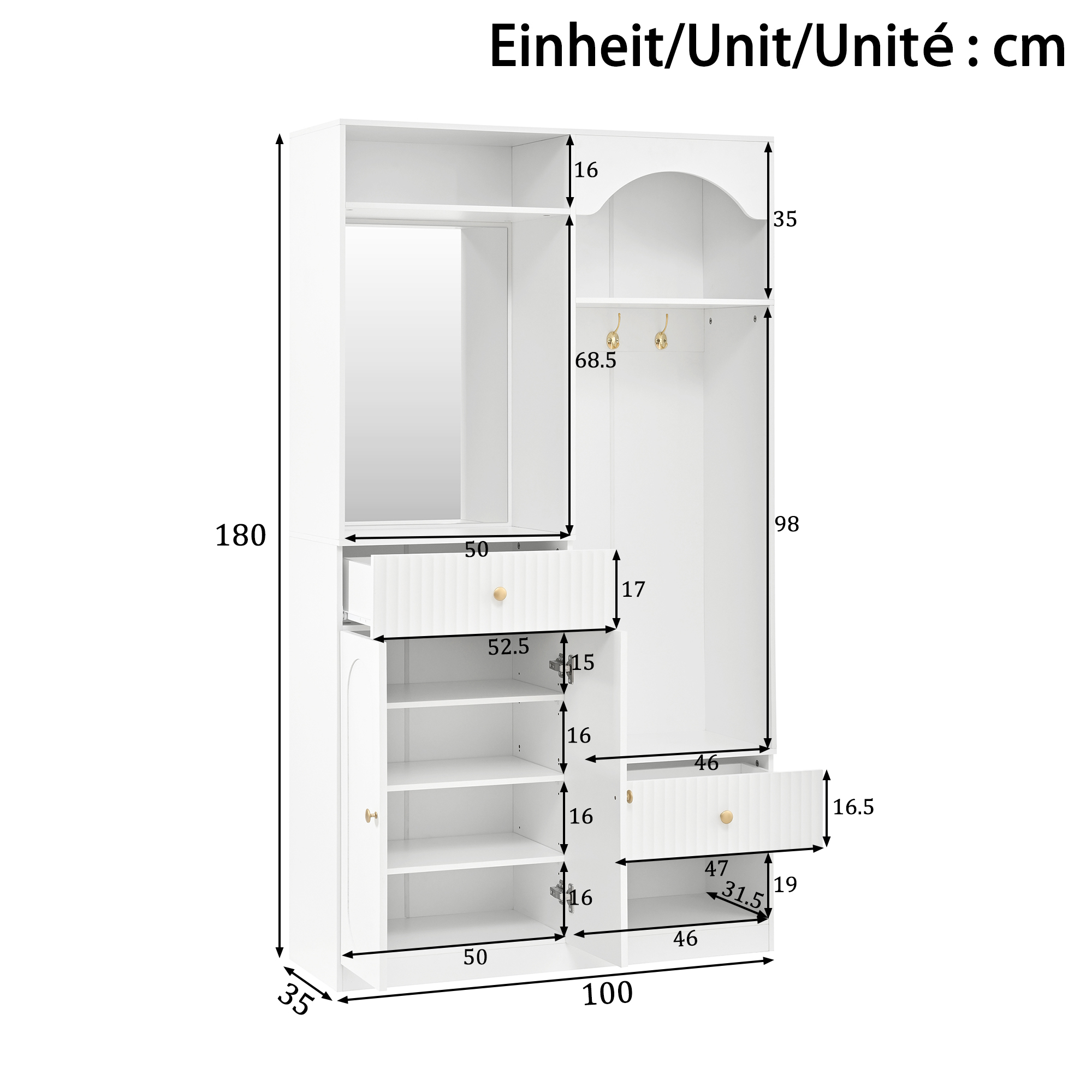 Meuble à chaussures, éclairage led, 100 x 35 x 180 cm, MDF, blanc - vue 2