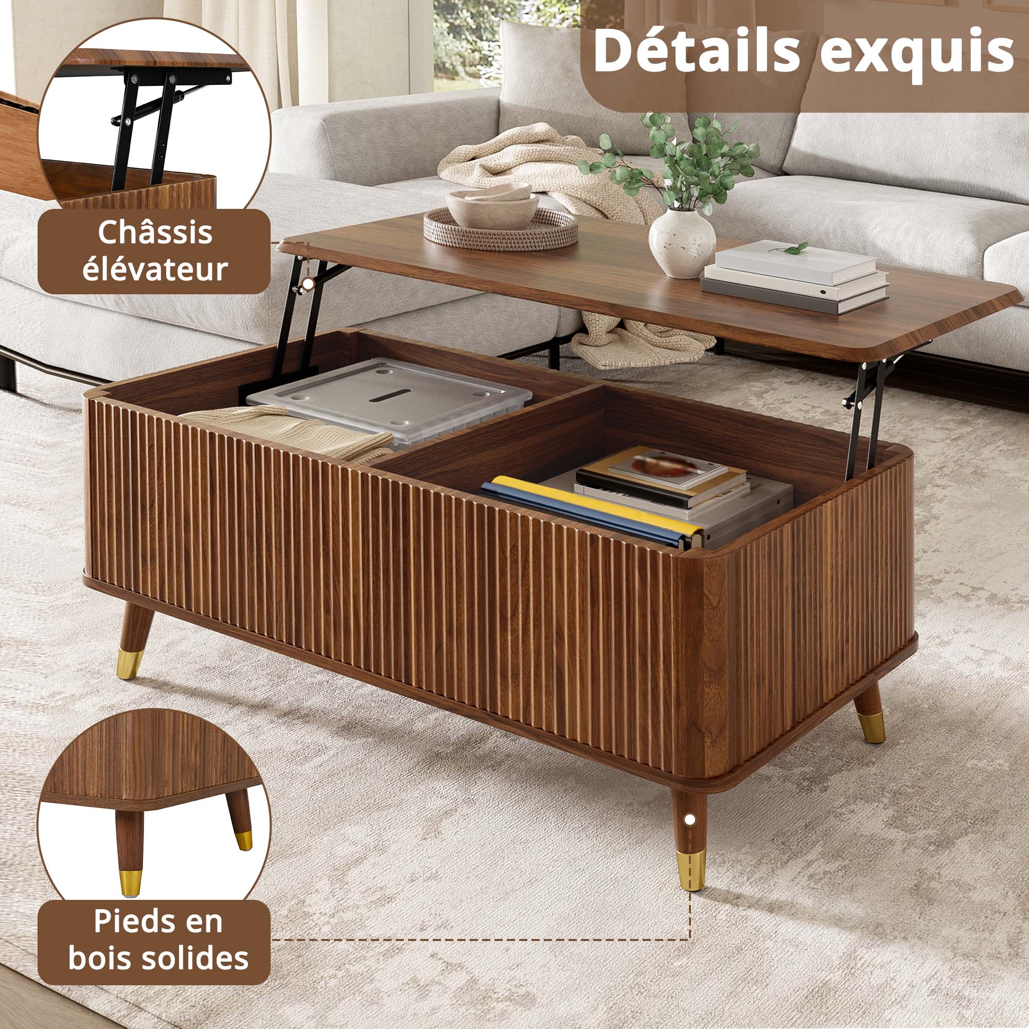 Compartiment de rangement dissimulé sous le plateau relevable