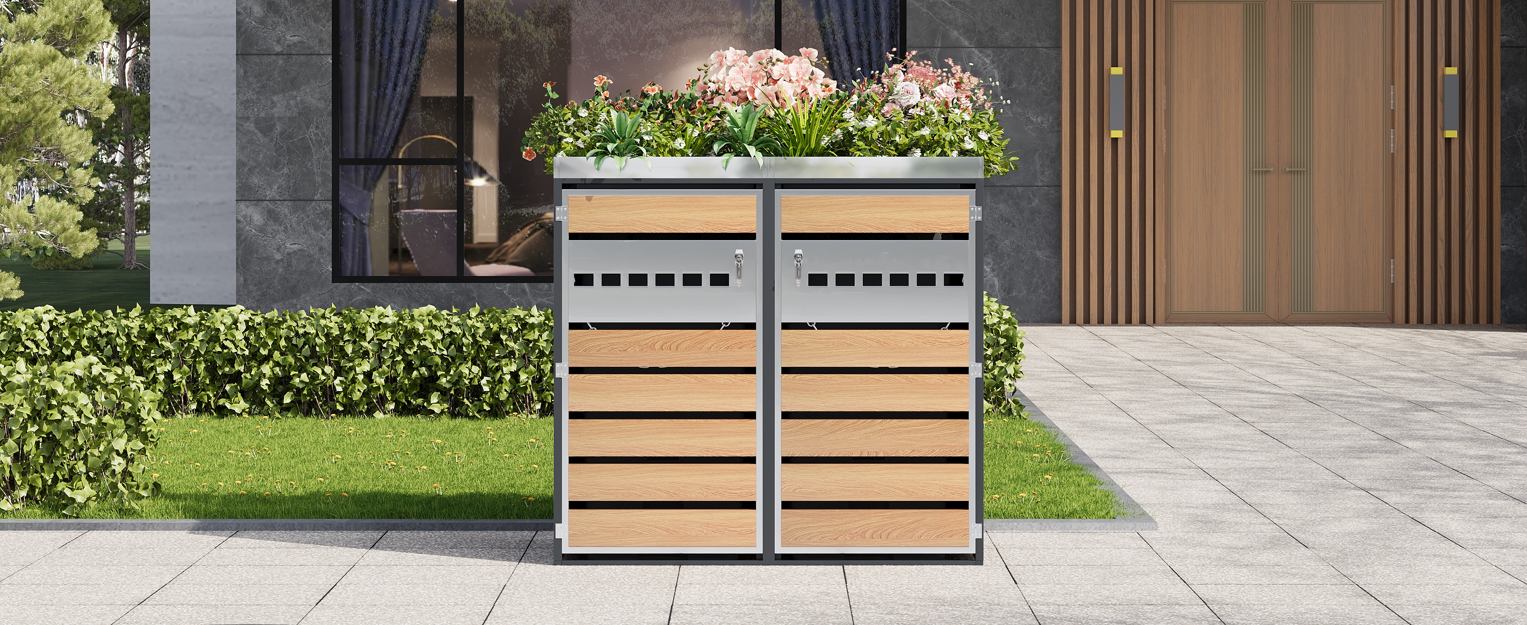 Armoire cache‑poubelle 2 compartiments avec bac à fleurs supérieur vue générale