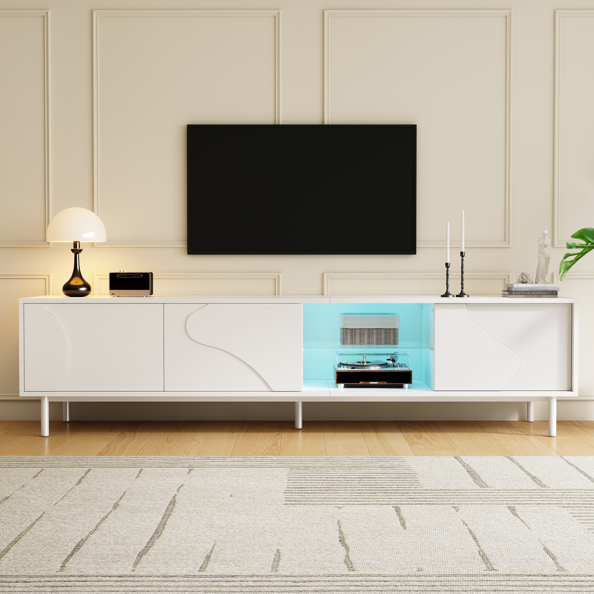 Meuble TV, éclairage led, éléments en verre, 180 x 40 x 45 cm, métal et acier, blanc - vue 4