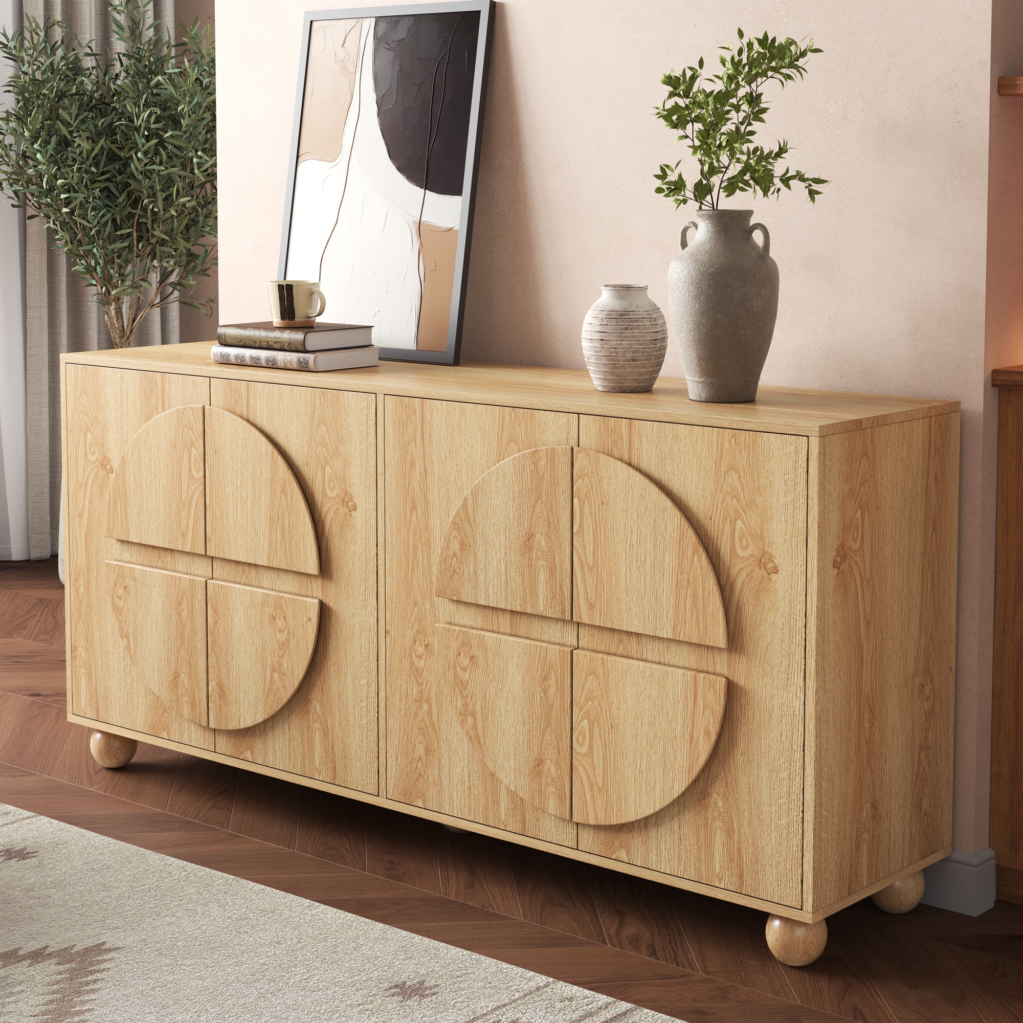 Buffet bas 160 cm, meuble de rangement avec 4 portes, étagères réglables, MDF et pin, Effet bois naturel