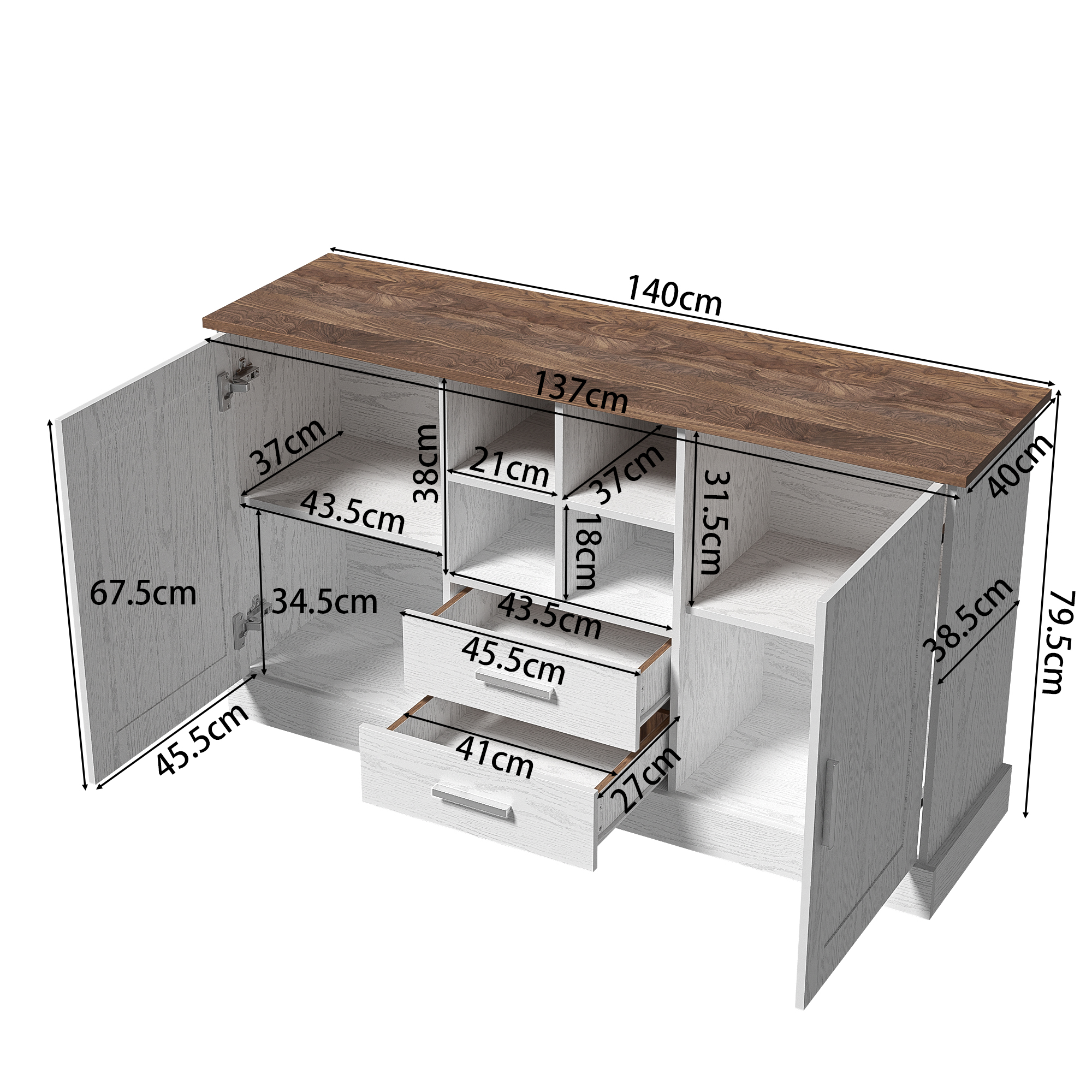 Buffet, avec tiroirs, 140 x 40 x 79,5 cm, panneaux de particules et bois, blanc - vue 1
