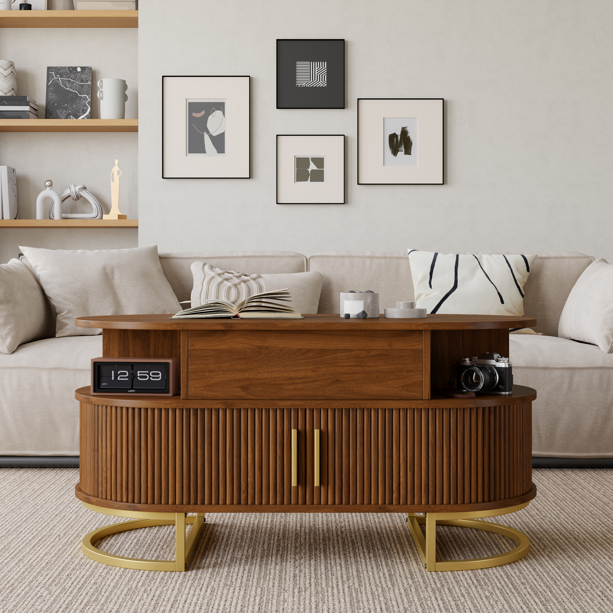 Table basse, hauteur réglable, rangement intégré, 100 x 50 x 64 cm, acier et MDF, Walnut - vue 5