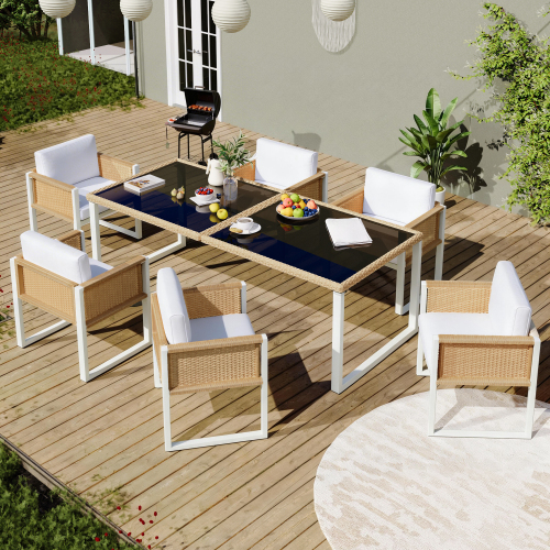 Table en verre trempé avec contour en rotin