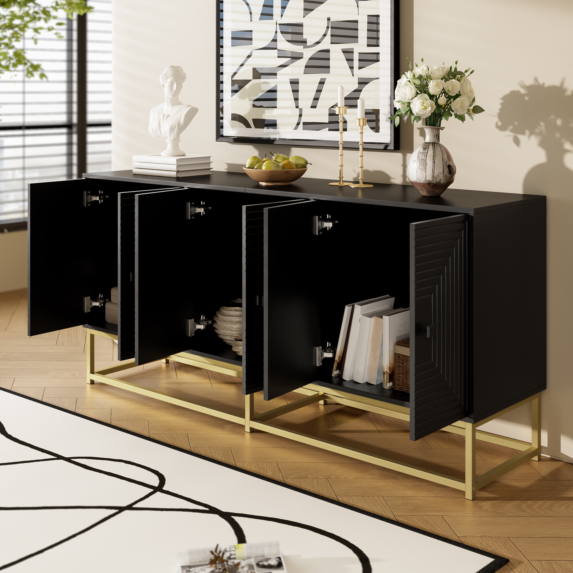 Buffet, rangement intégré, 160 x 38 x 75,5 cm, panneaux de particules, noir - vue 5