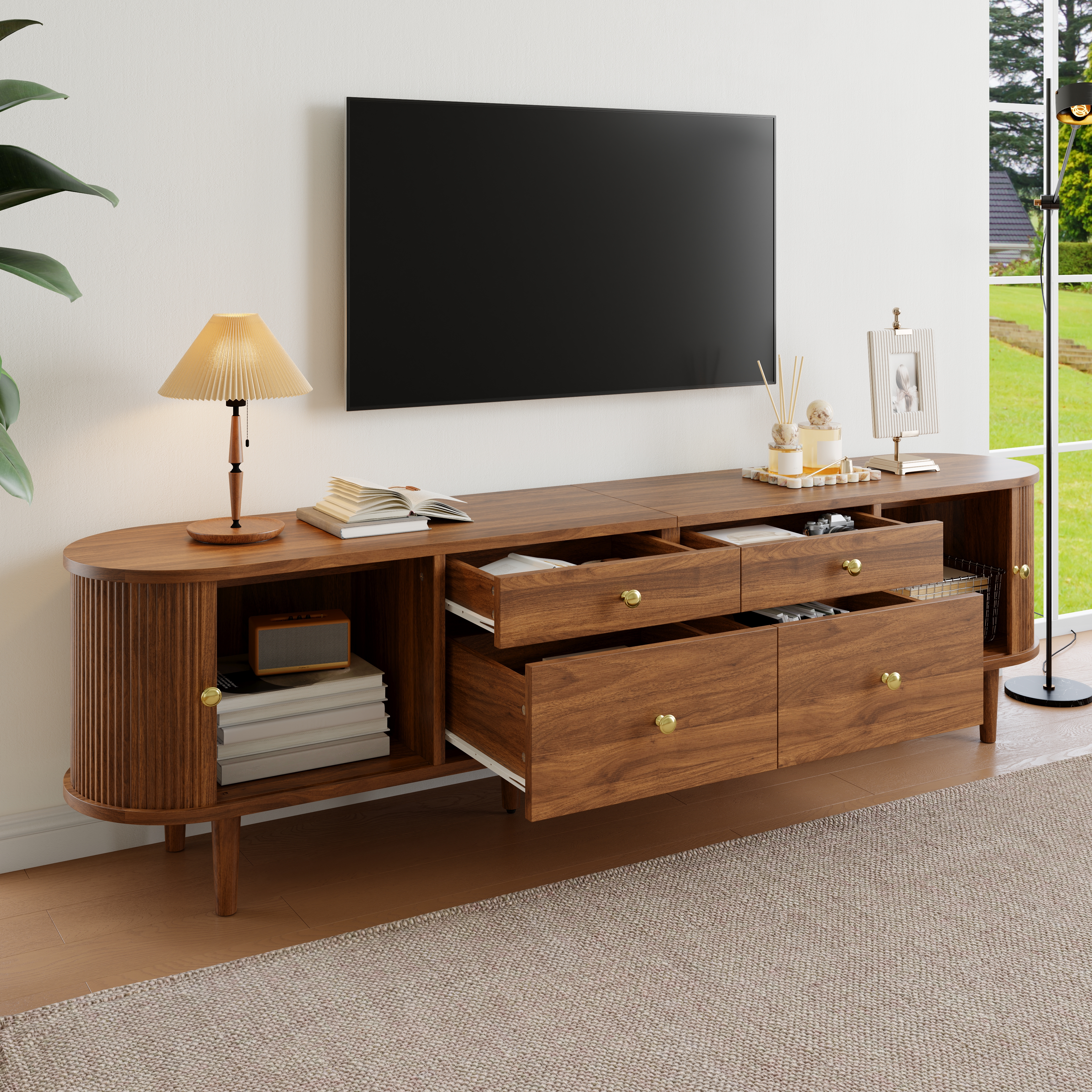 Meuble TV 180 cm, meuble bas de salon avec 2 portes coulissantes, 4 tiroirs, façade ondulée 3D, panneaux de particules et MDF, Effet noyer