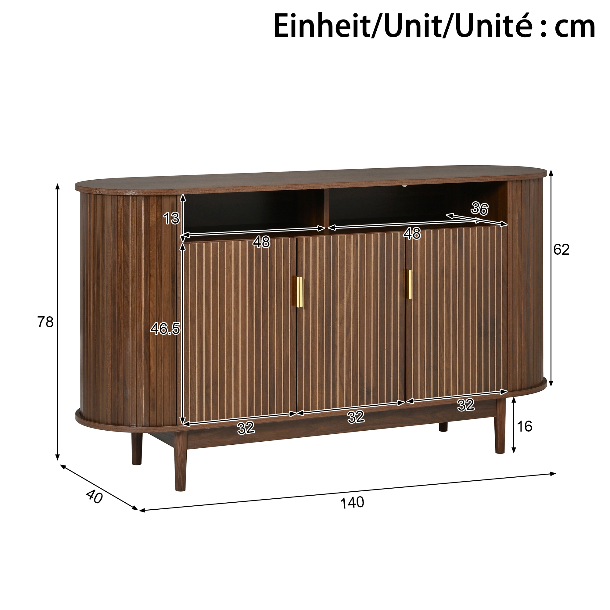 Buffet 140 x 40 x 78 cm, 3 portes, MDF et panneaux de particules, Effet noyer - détails