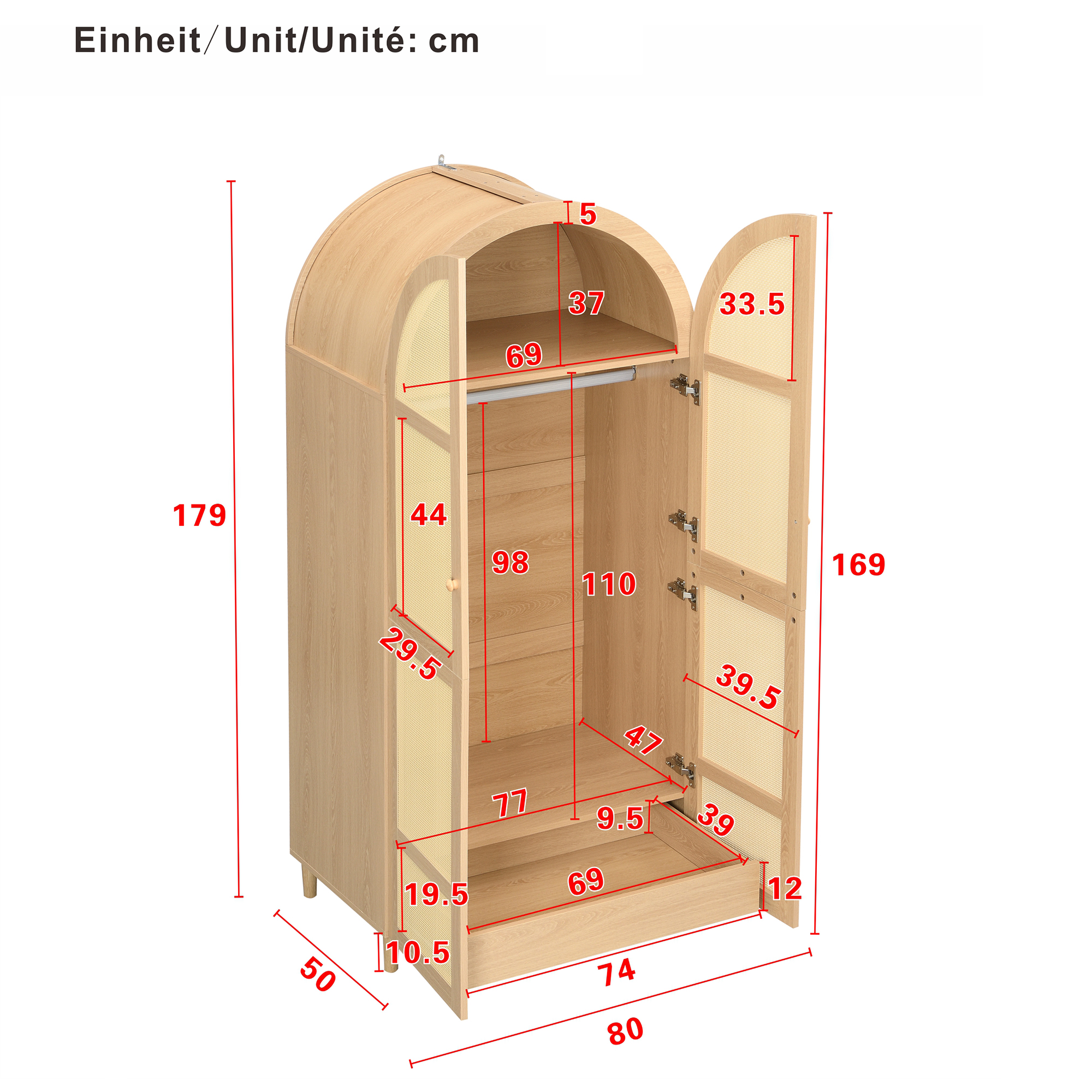 Armoire-penderie, rangement intégré, avec tiroirs, 80 x 50 x 179 cm, panneaux de particules et MDF, bois naturel - vue 2