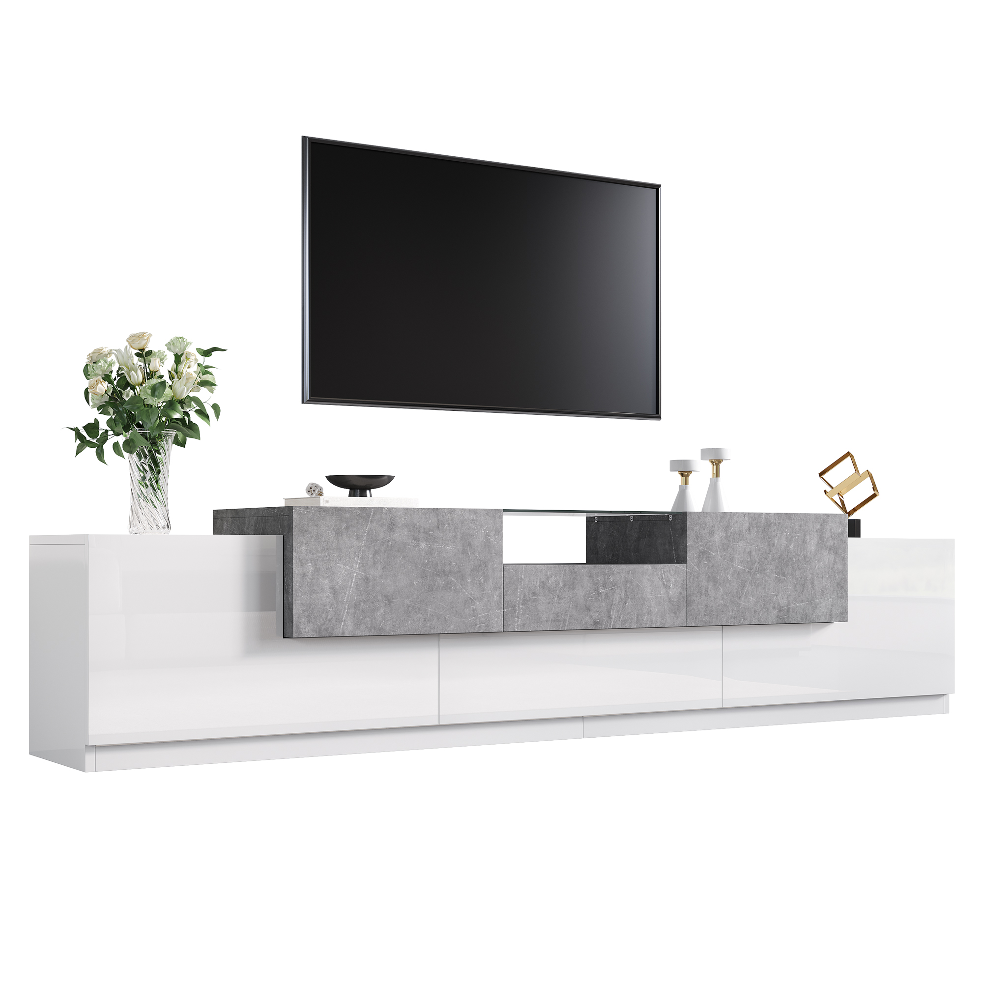 Meuble TV 200 cm, meuble bas de salon avec 4 portes, 1 tiroir, passe-câbles, finition partiellement brillante, Blanc et effet ciment gris
