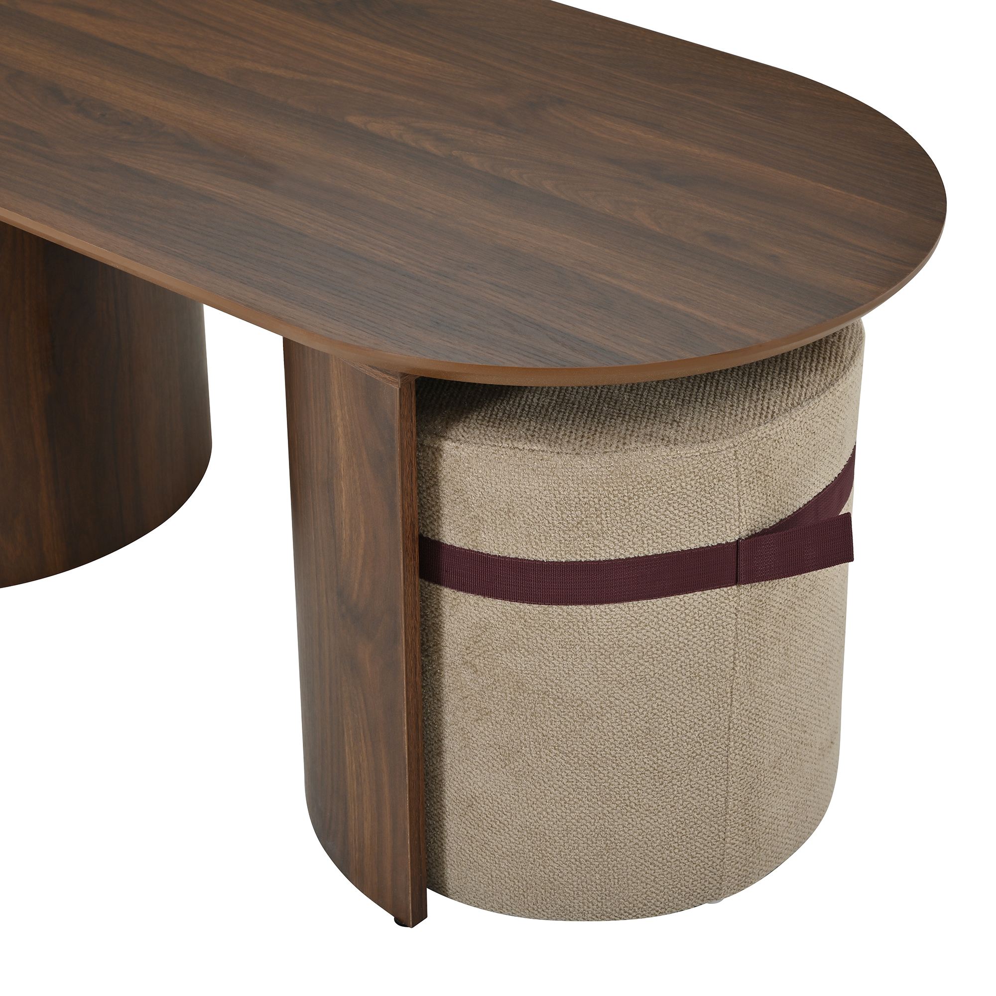 Ensemble table basse ovale 108 x 50 x 44 cm avec 2 poufs rembourrés, MDF et pin, Effet noyer - dimensions et spécifications