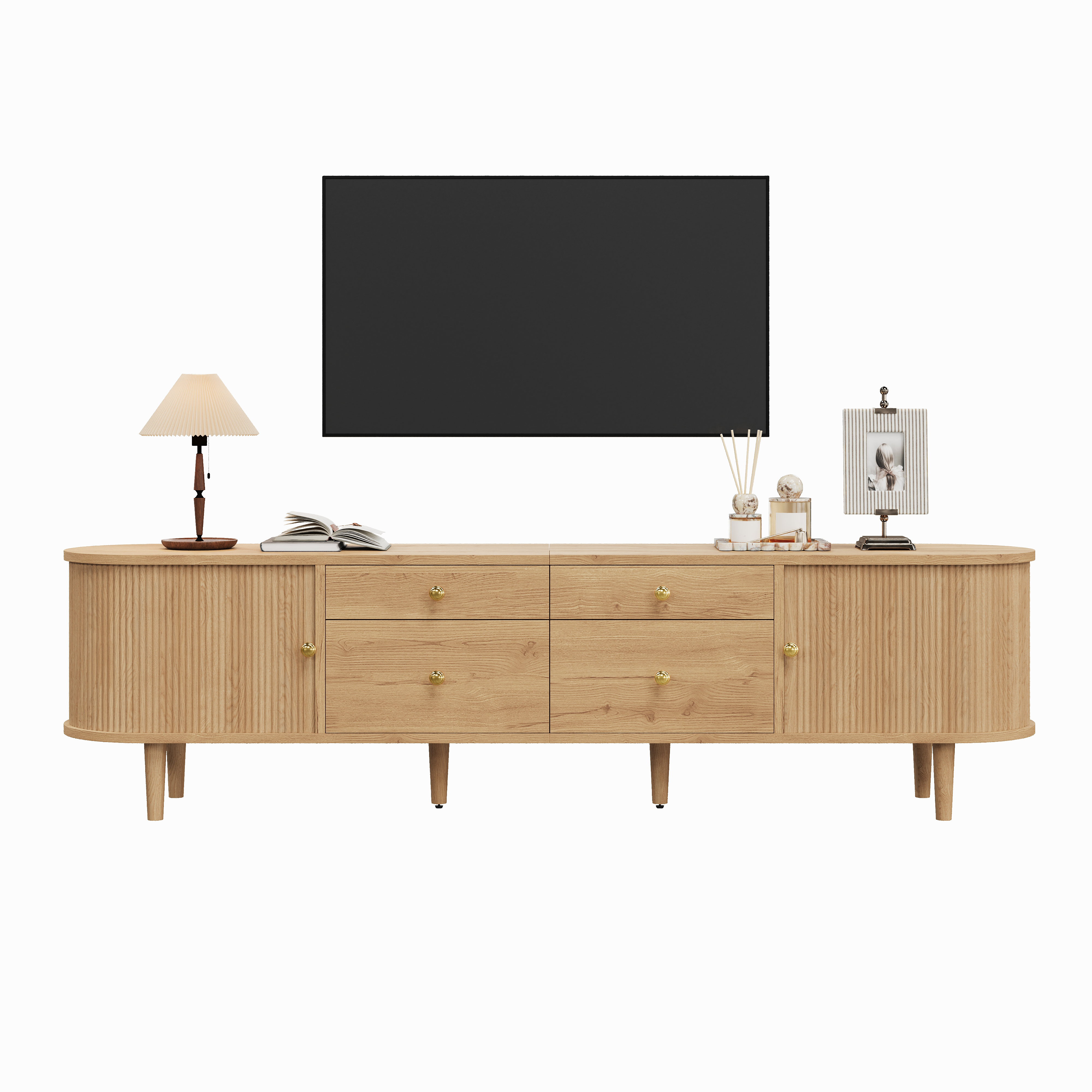 Meuble TV 180 cm, meuble bas de salon avec 2 portes coulissantes, 4 tiroirs, façade ondulée 3D, panneaux de particules et MDF, Effet bois naturel