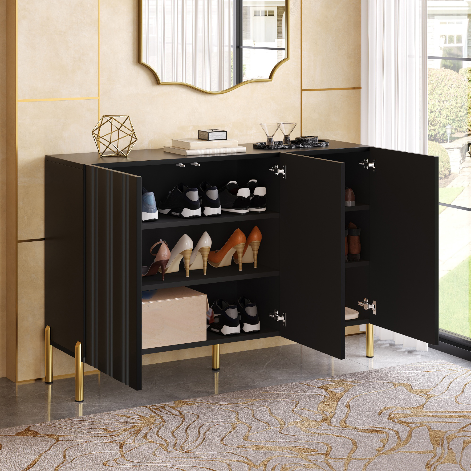 Meuble à chaussures 120 cm, meuble de rangement d’entrée avec 3 portes, étagères réglables, façades rainurées, panneaux de particules et MDF, Noir