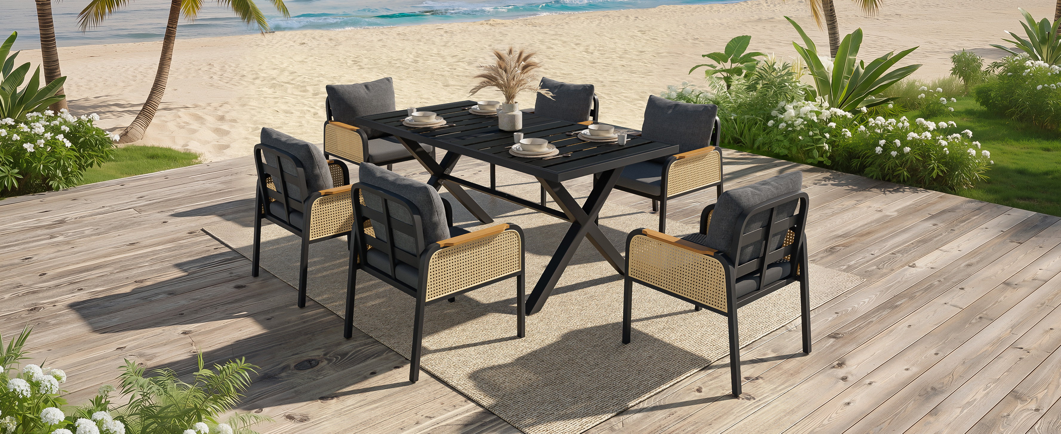 1 longue table cadre fer forme X plateau bois‑plastique pour réunions familiales