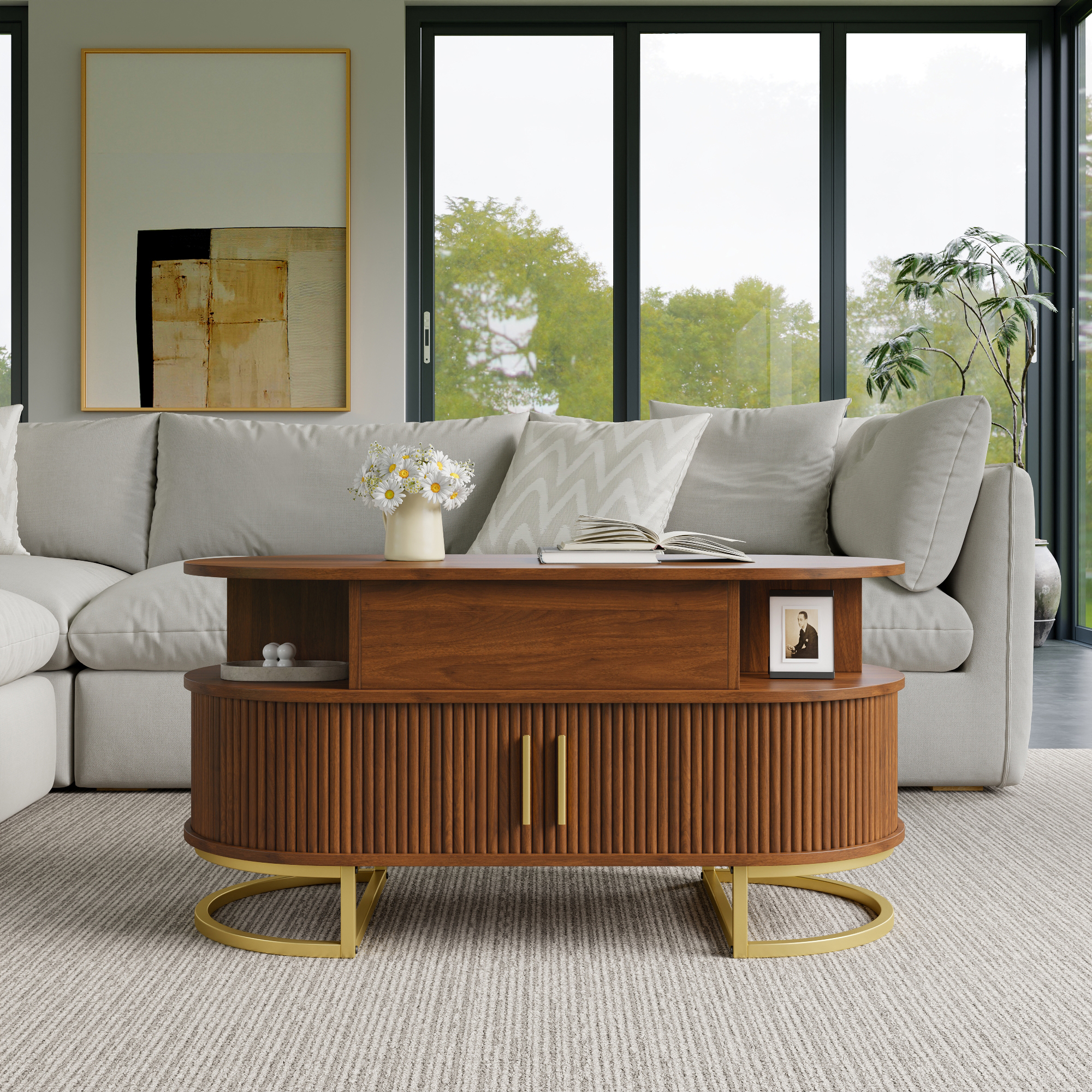 Table basse, hauteur réglable, rangement intégré, 100 x 50 x 64 cm, acier et MDF, Walnut - vue 8