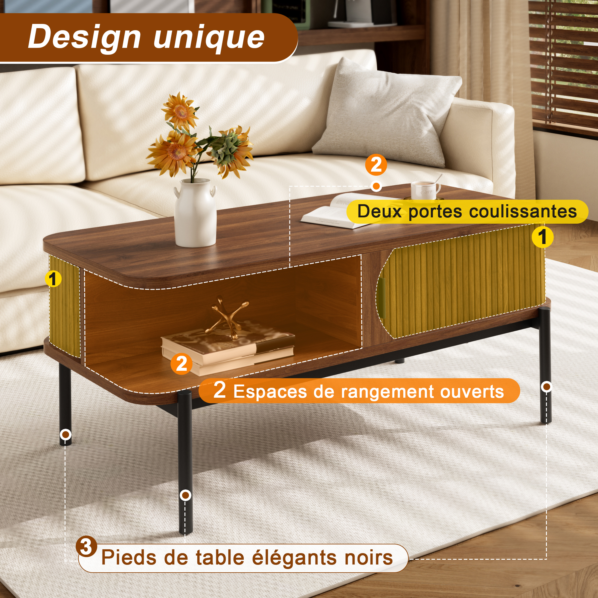 Détails des angles arrondis et des pieds métalliques noirs de la table basse 100 cm