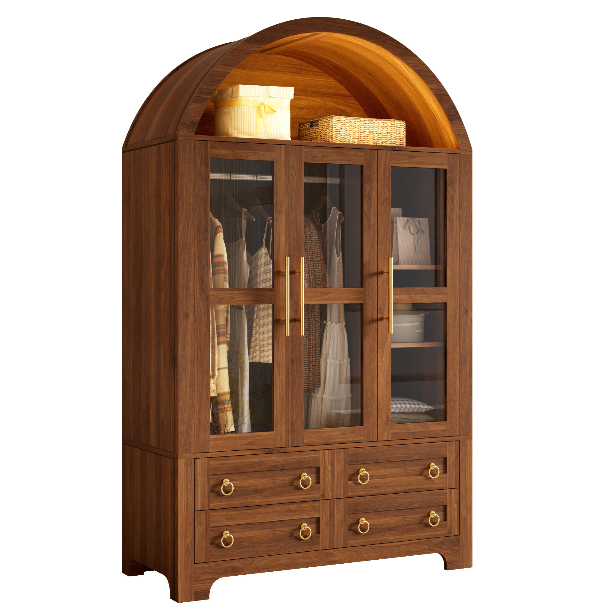 Armoire aspect noyer à sommet cintré éclairé
