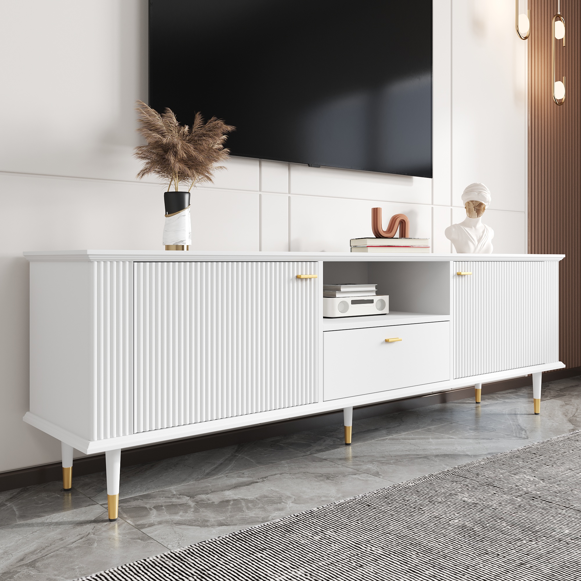 Meuble TV, avec tiroirs, fermeture douce, 170 x 36 x 54 cm, MDF, blanc - vue 5