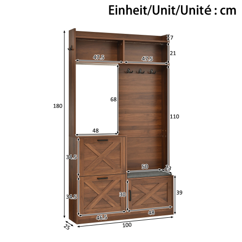 Dimensions du meuble d’entrée noyer avec miroir et range-chaussures