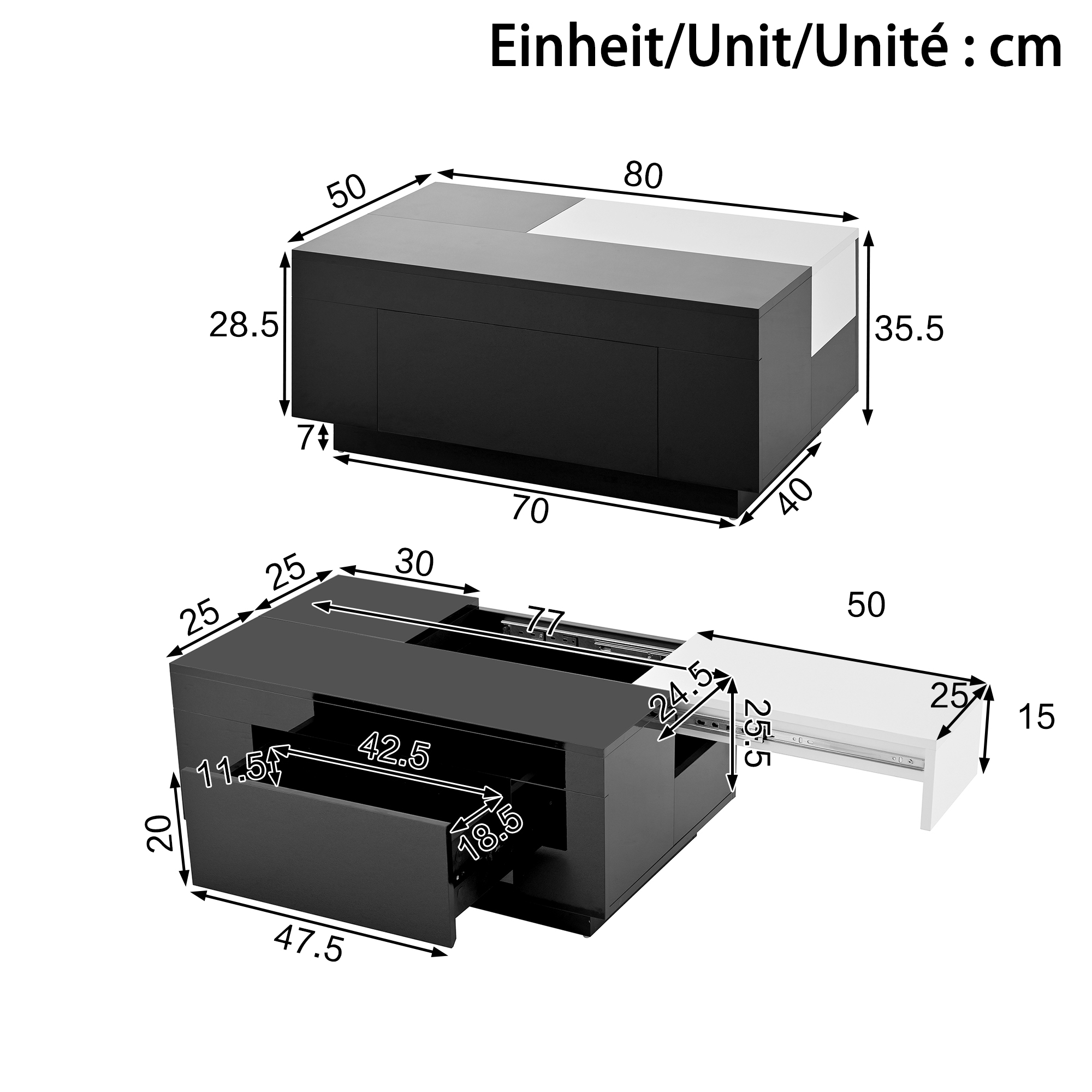 Table basse, extensible, rangement intégré, éclairage led, 80 x 50 x 35,5 cm, MDF, noir - vue 3