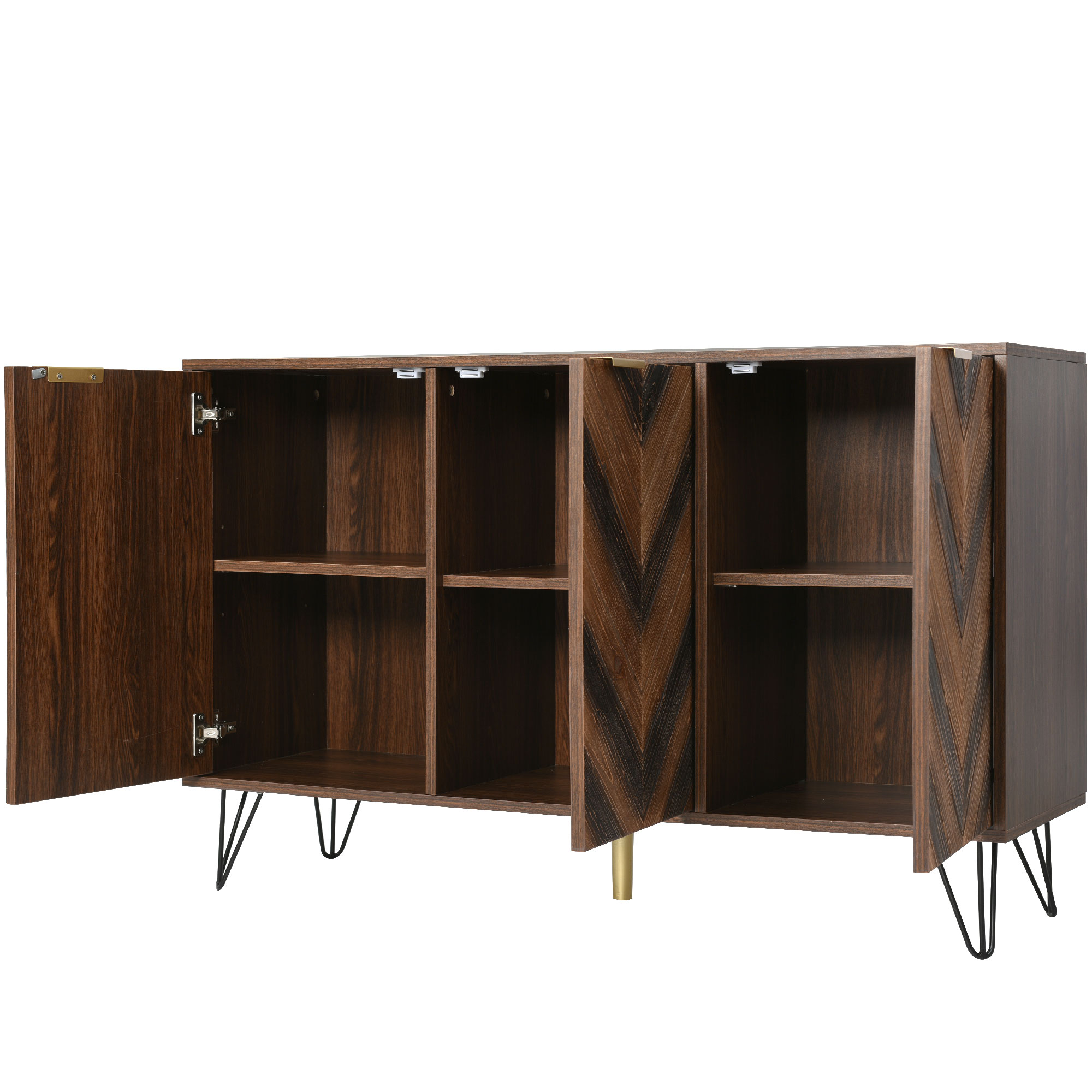 Buffet 3 portes 120×38×76,5 cm, poignées dorées, finition bois naturel, chaque porte avec compartiment et étagère réglable, design élégant moderne, beaucoup d'espace de rangement, pour salon et salle à manger - image 11