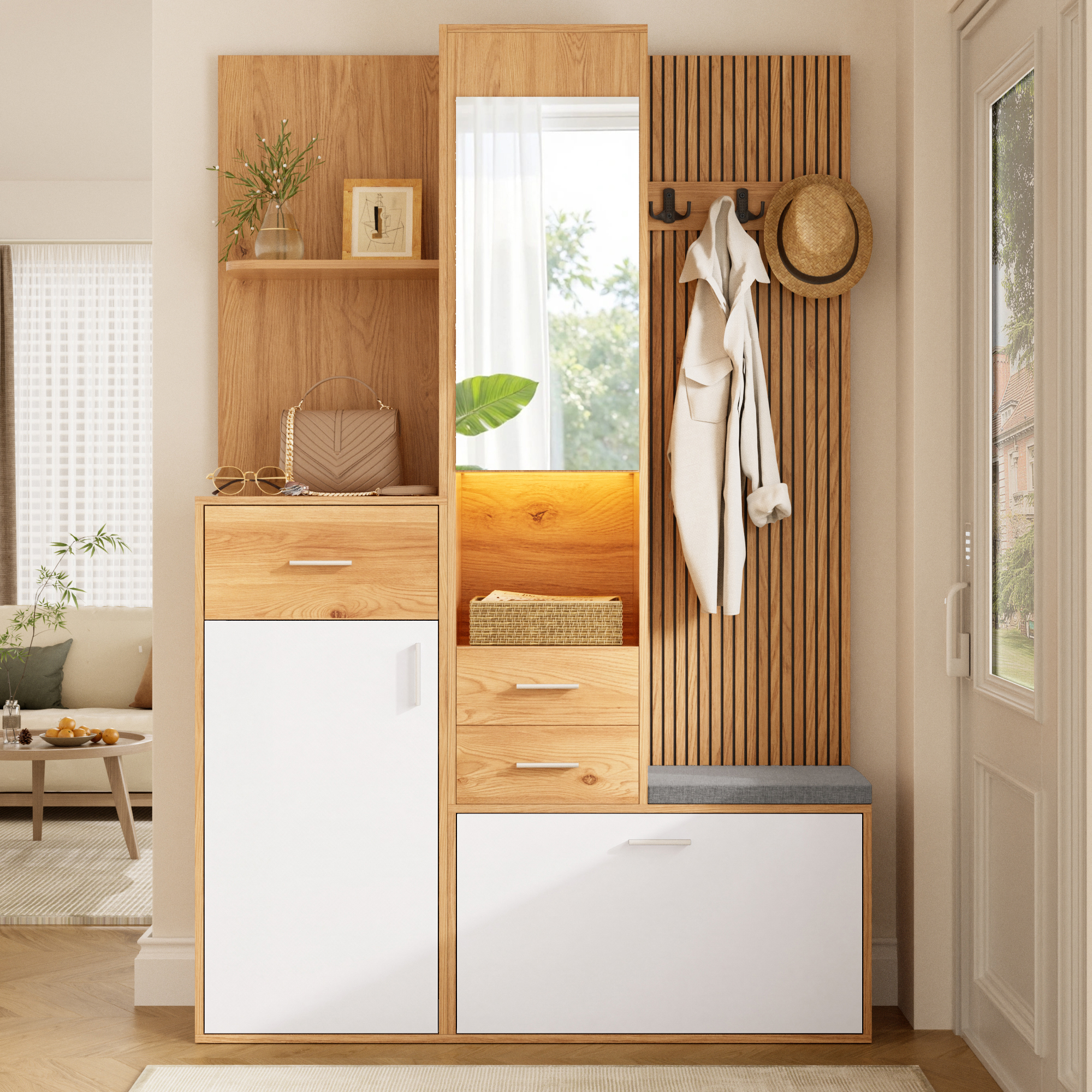 Armoire penderie 120 x 32 x 178 cm, portes courbes, tringle, tiroirs, LED, MDF et panneaux de particules, Effet bois naturel et Blanc - vue principale