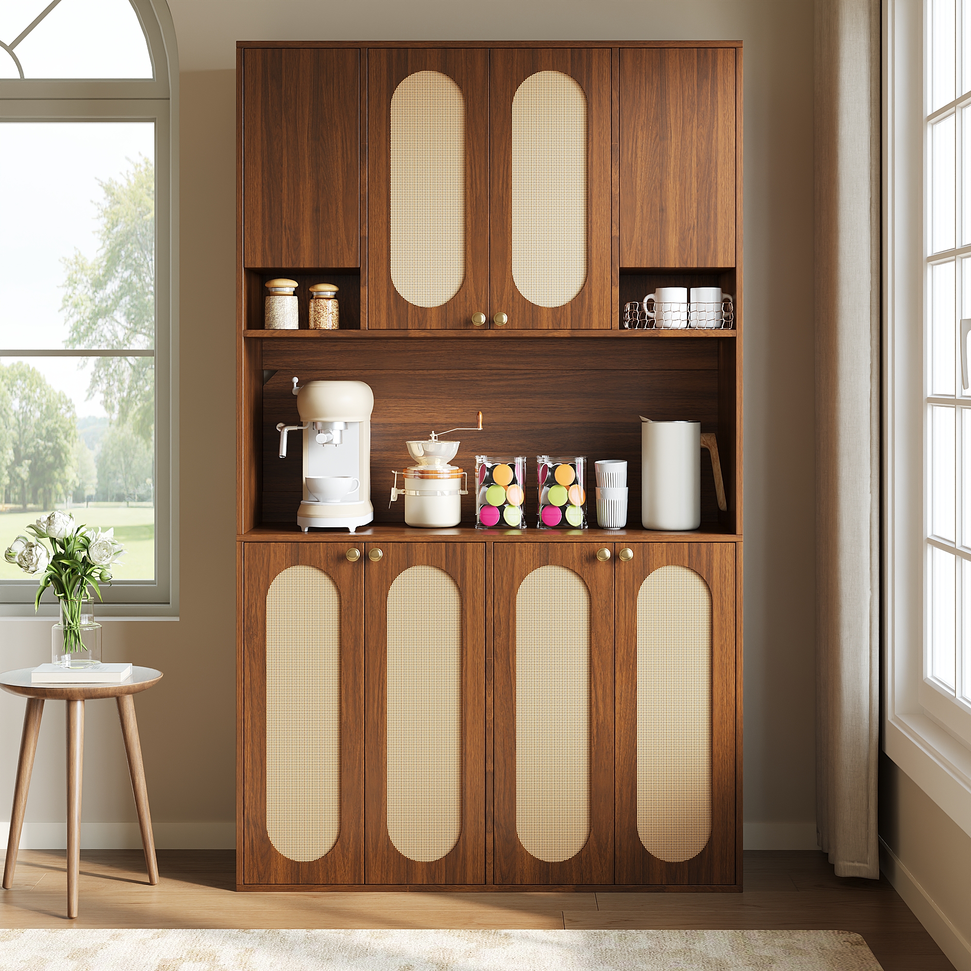 Buffet, éclairage led, prises et recharge intégrées, détails en rotin, 106 x 40 x 178 cm, rotin et MDF, bois naturel - vue 3