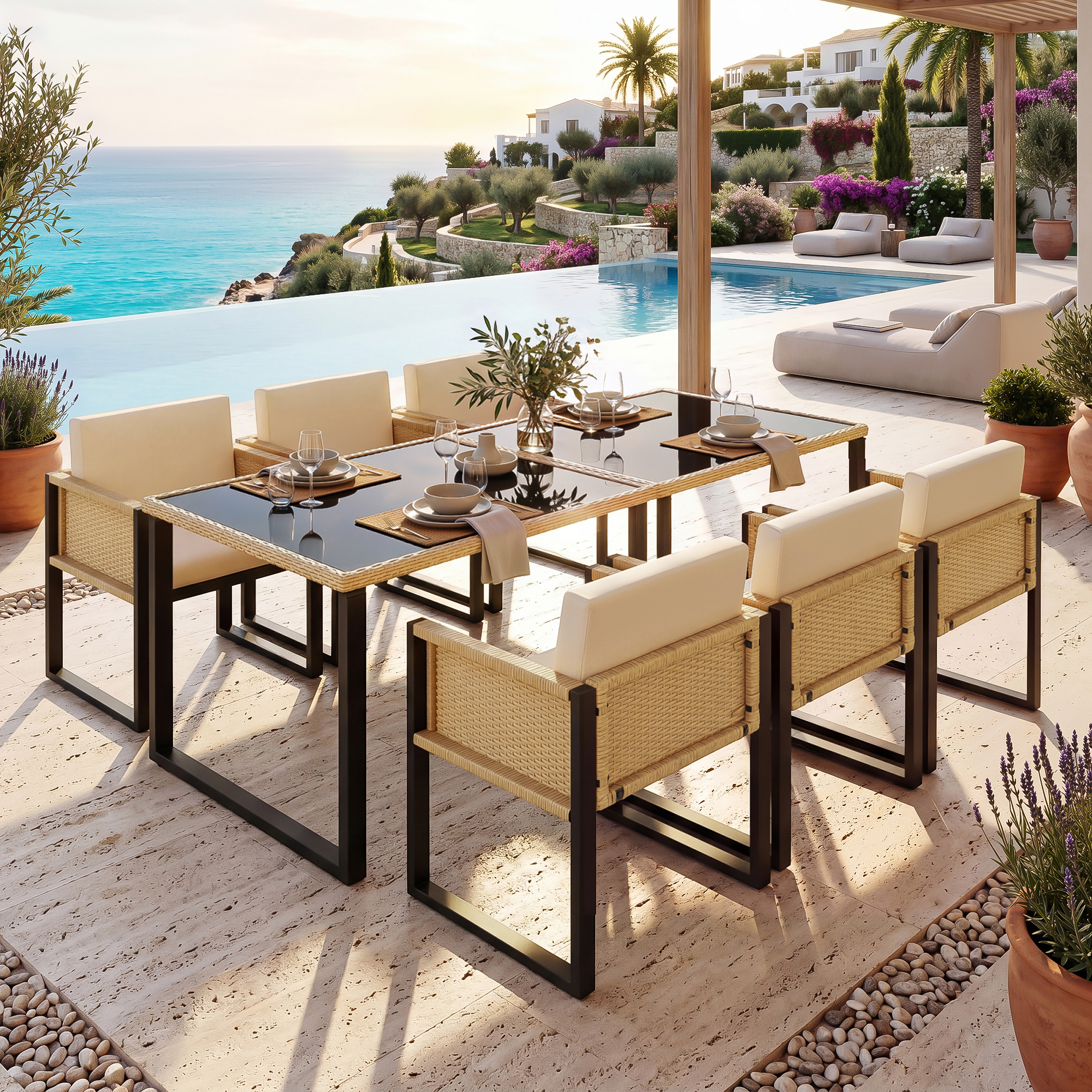 Ensemble repas extérieur table et six chaises vue générale