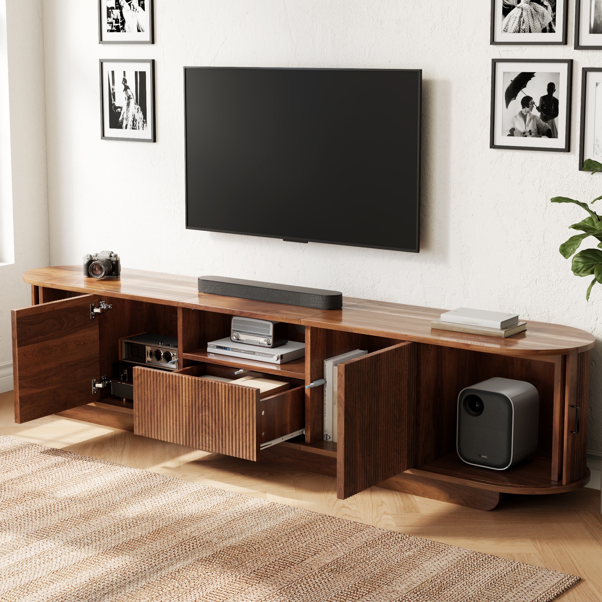 Meuble TV 200 cm, meuble bas de salon avec 4 portes, 1 tiroir, passe-câbles, façade ondulée 3D, panneaux de particules et MDF, Effet noyer