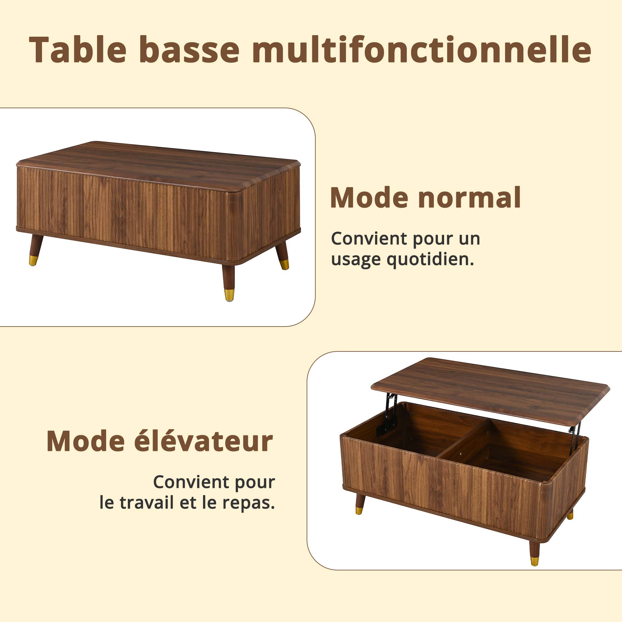 Structure en MDF avec pieds en bois massif et mécanisme relevable