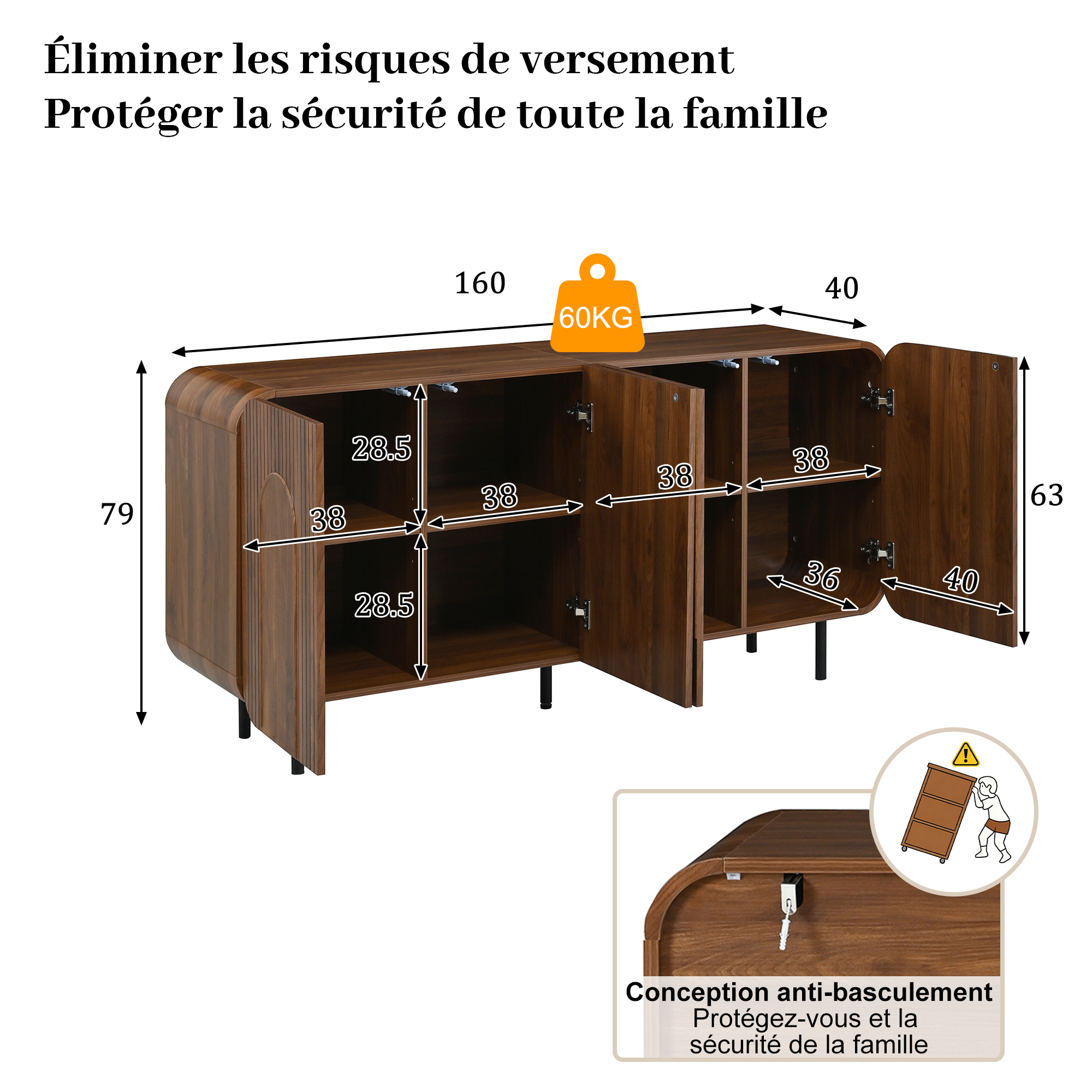 Organisation intérieure et dimensions du buffet noyer