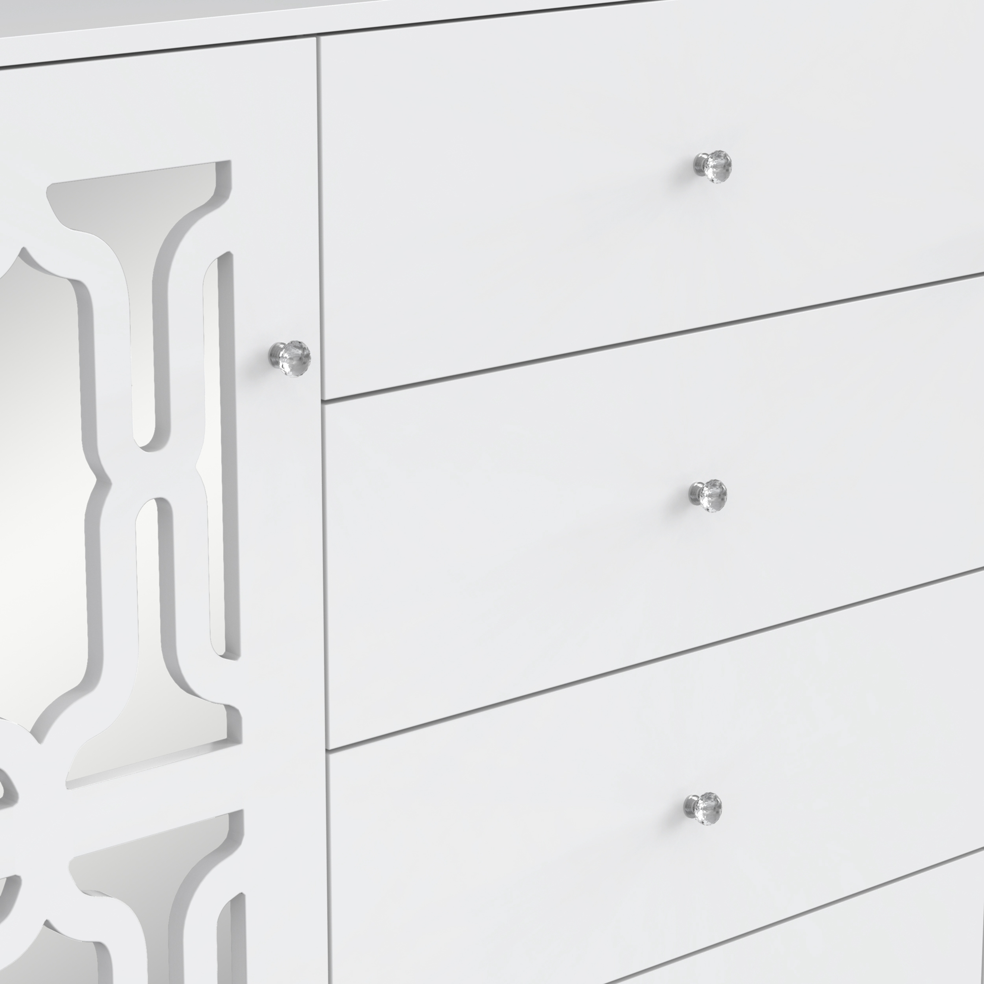 Buffet blanc avec surface miroir, poignée verre cristal, 2 portes + 4 tiroirs, pieds bois massif, dimensions 147.5×40×102 cm, pour salon et entrée, design luxueux, beaucoup de rangement, style élégant - image 17