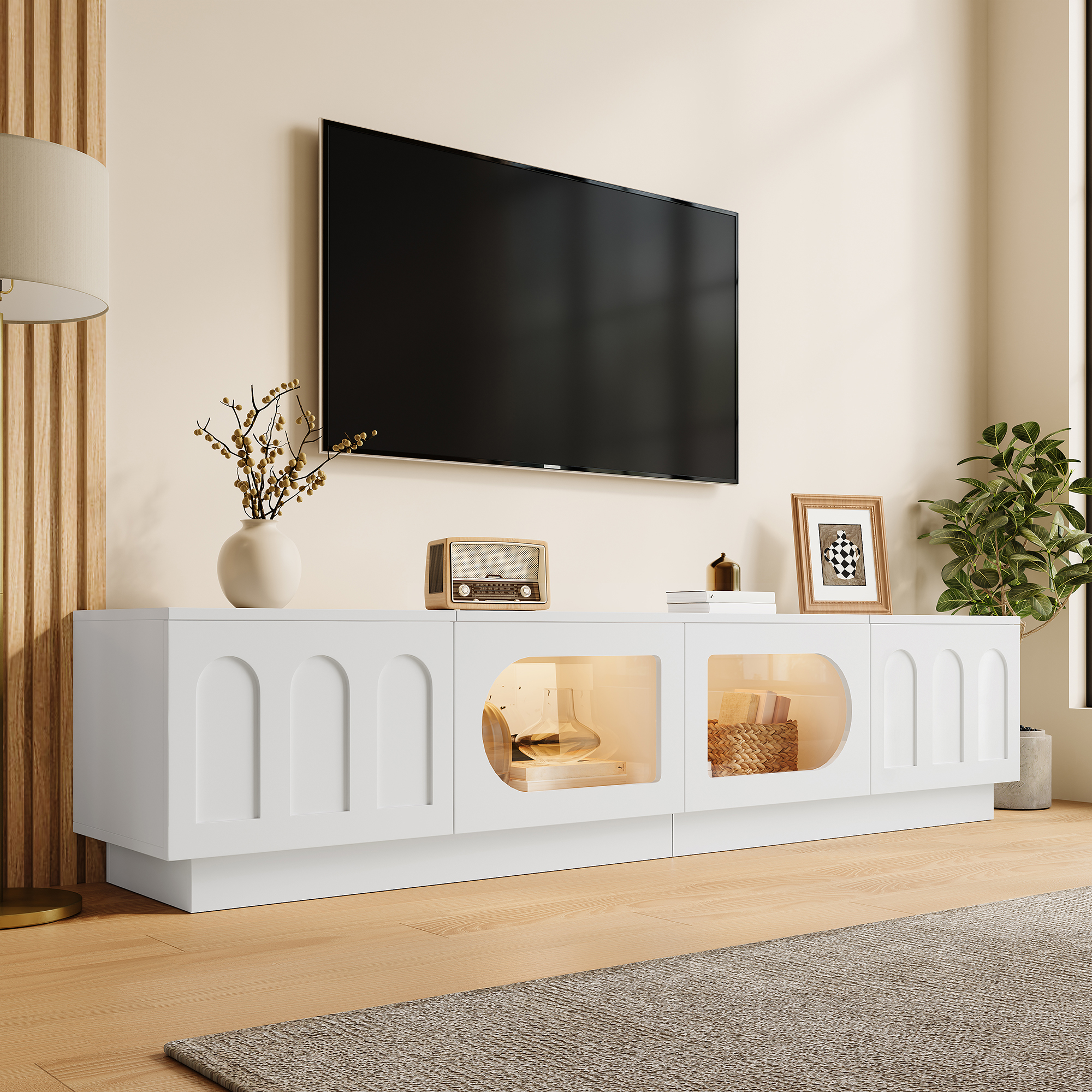 Meuble TV blanc avec portes vitrées LED