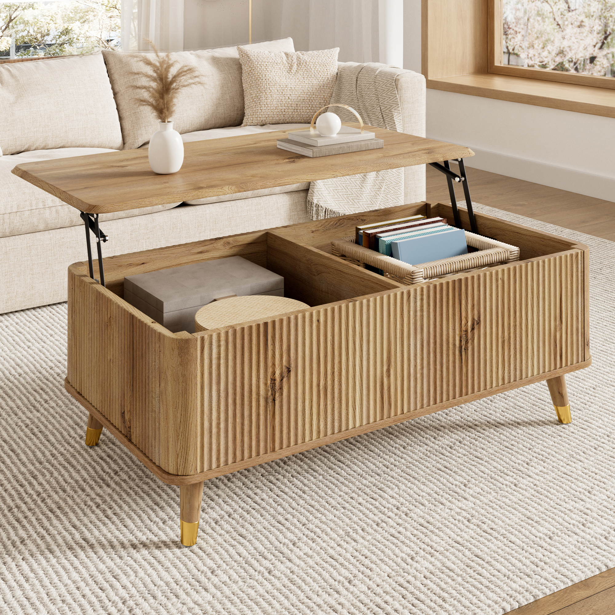 Table basse, hauteur réglable, rangement intégré, 97 x 52 x 56,5 cm, bois et MDF, bois naturel - vue 1
