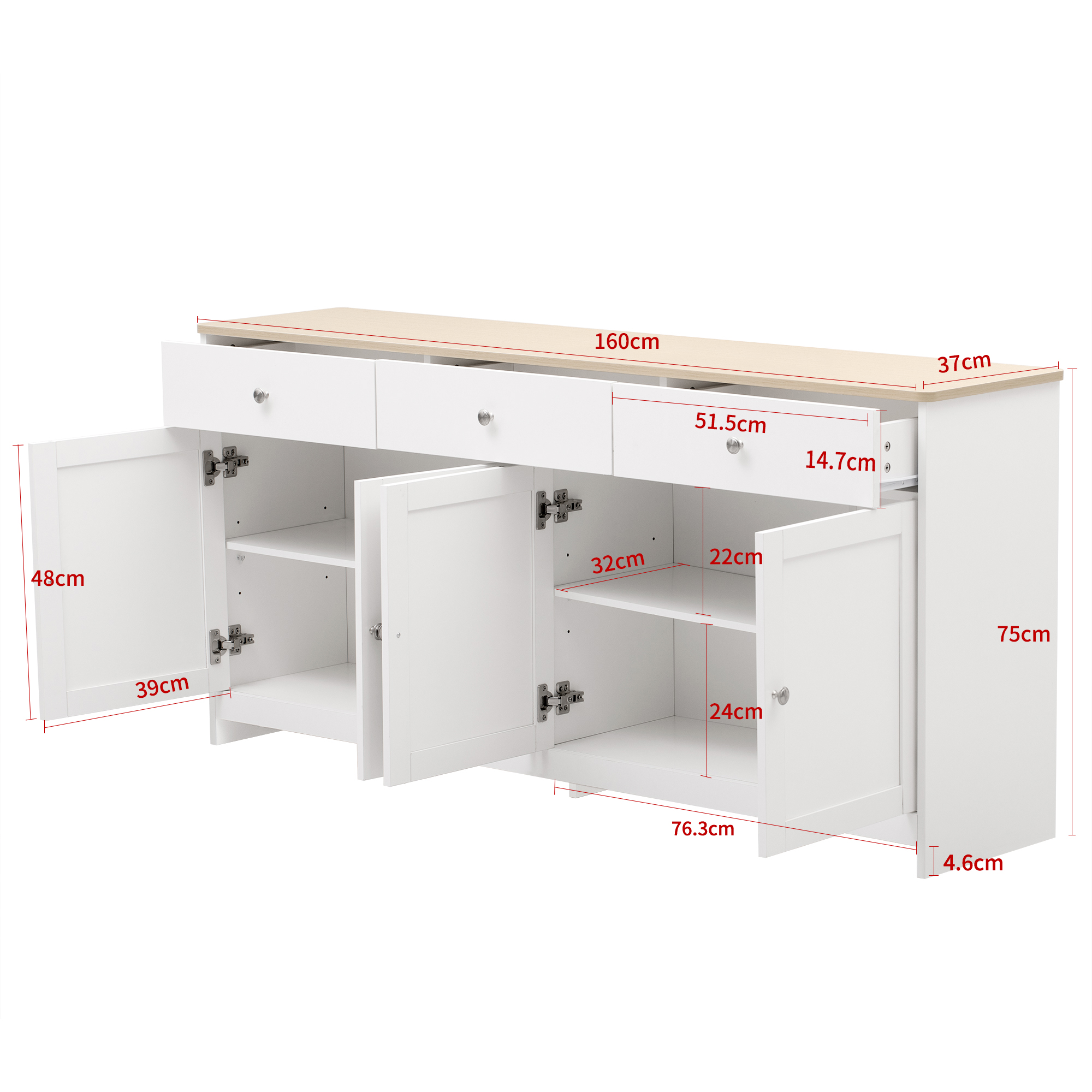 Buffet, avec tiroirs, 160 x 37 x 75 cm, bois et MDF, blanc - vue 3