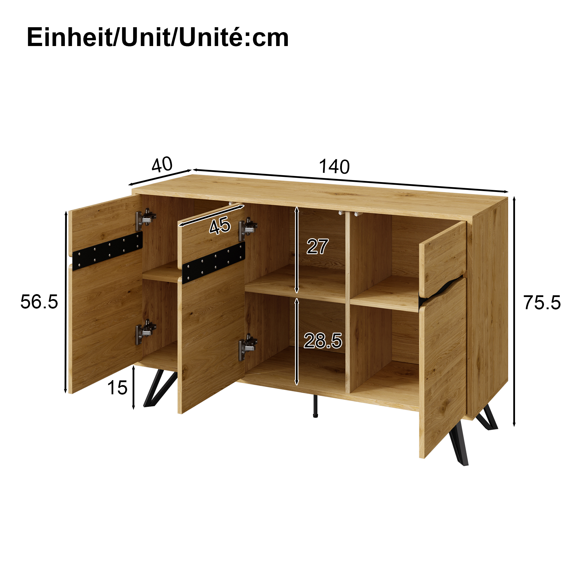 Buffet, rangement intégré, 140 x 40 x 75,5 cm, panneaux de particules et métal, noir - vue 3