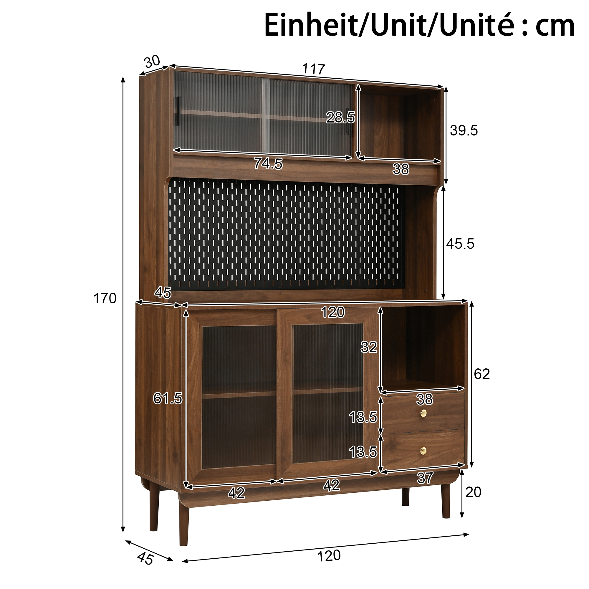 Buffet de cuisine 117 x 30 x 170 cm, 2 portes, 6 tiroirs, portes coulissantes, MDF et panneaux de particules, Effet noyer - détails